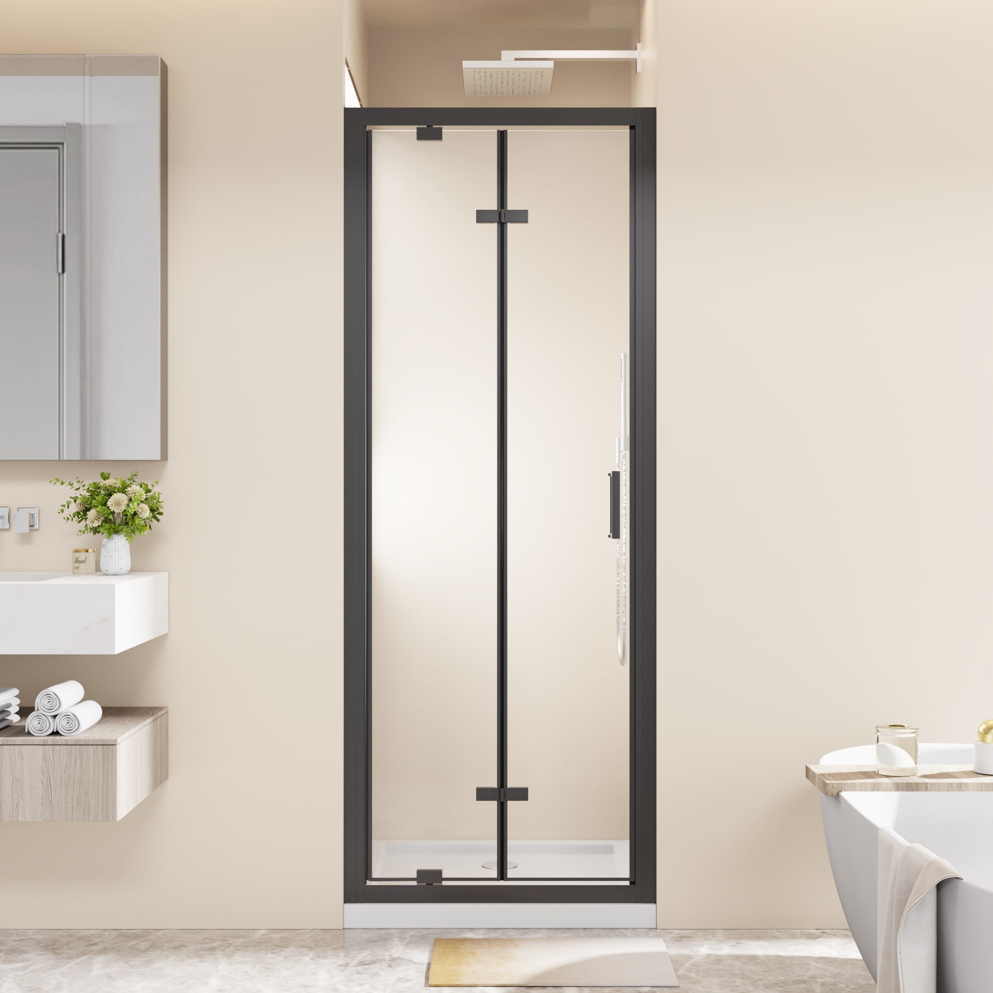 Forclover - Bi-fold Pivot Shower Door Black 27-in to 28-in W x 72-in H Framed Clear Glass Pivot S...
