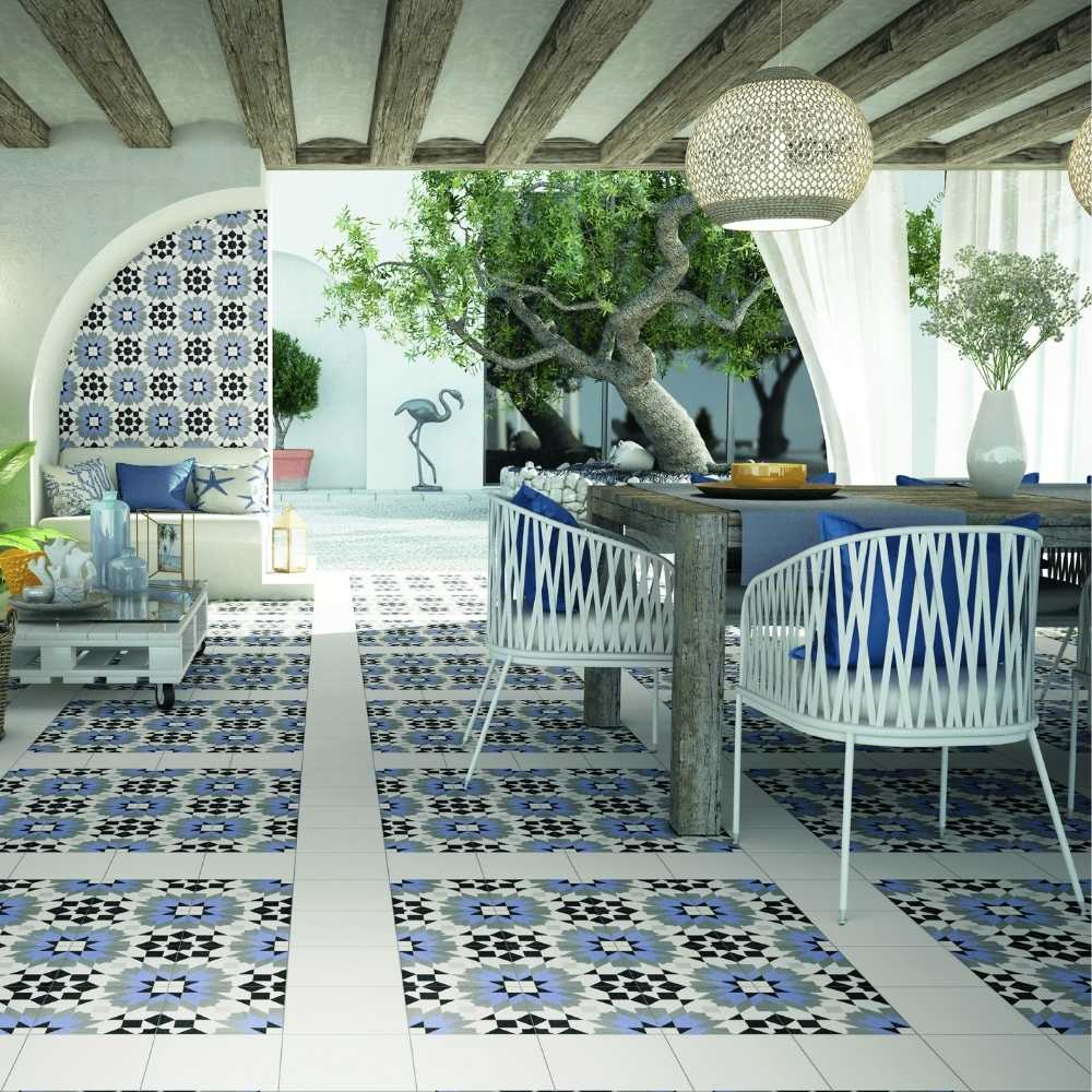 Garden Peony 8x8 Blue and Black Porcelain Floor and Wall Tile