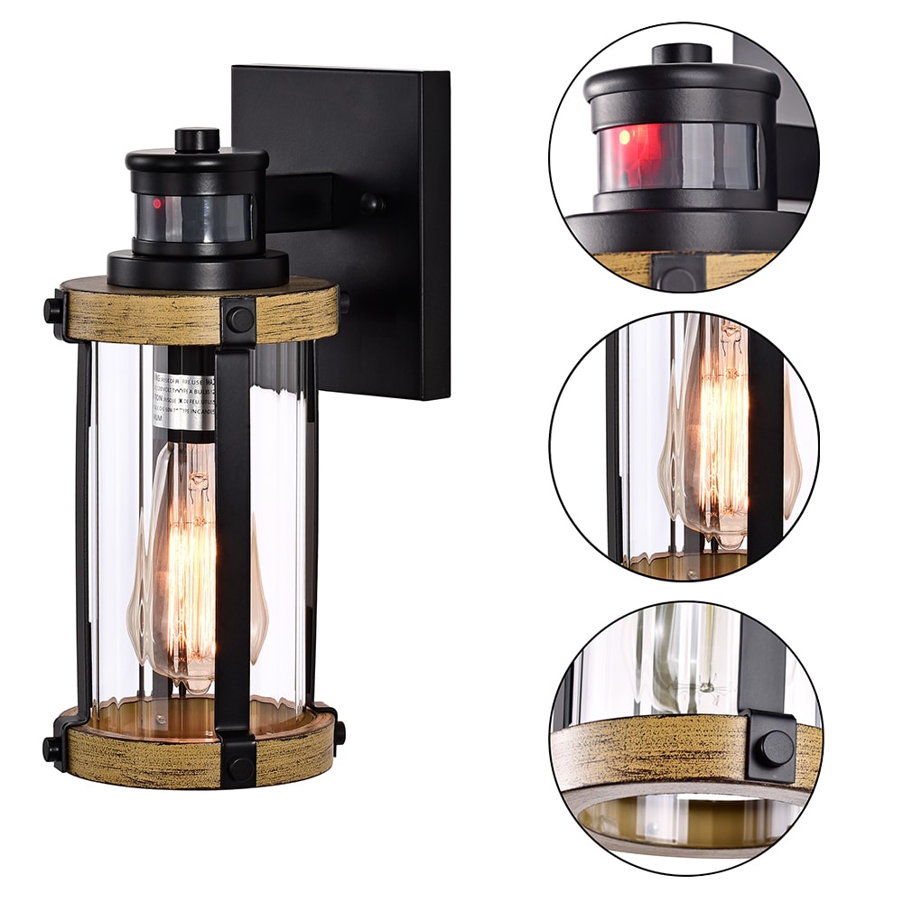 Farmhouse Charm Black & Woodgrain Outdoor Wall Sconce with Motion Sensor