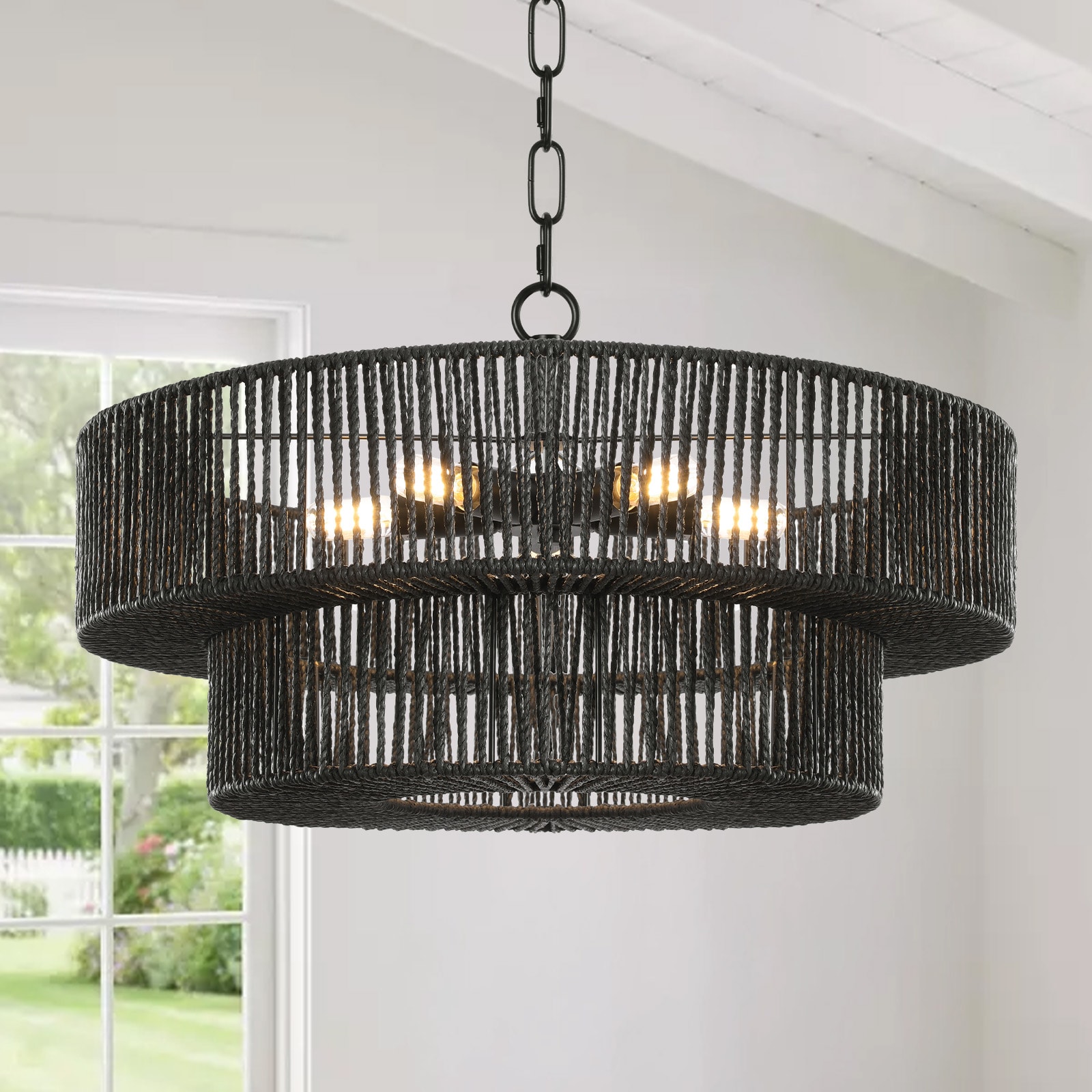 LamQee 06FTL0312ABK Rattan Chandelier 5 -Light Matte Black Farmhouse For Use in Bedrooms, Dining Rooms, Foyers, Kitchens, Living Rooms Chandelier