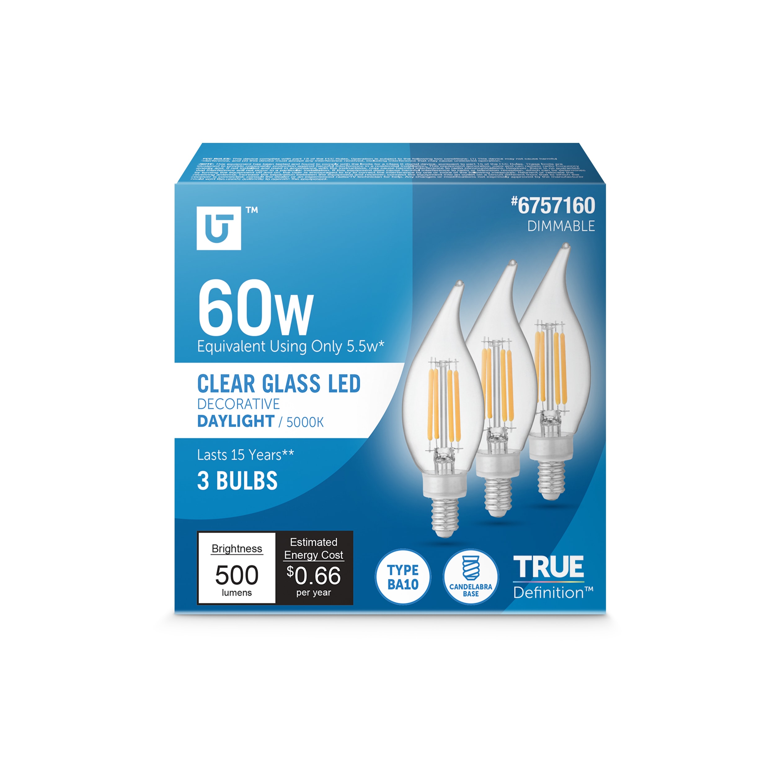 Utilitech LCFC60950CAFIL3 60 -Watt EQ B10 Daylight Screw bases Dimmable LED Decorative Light Bulb 3 -Pack