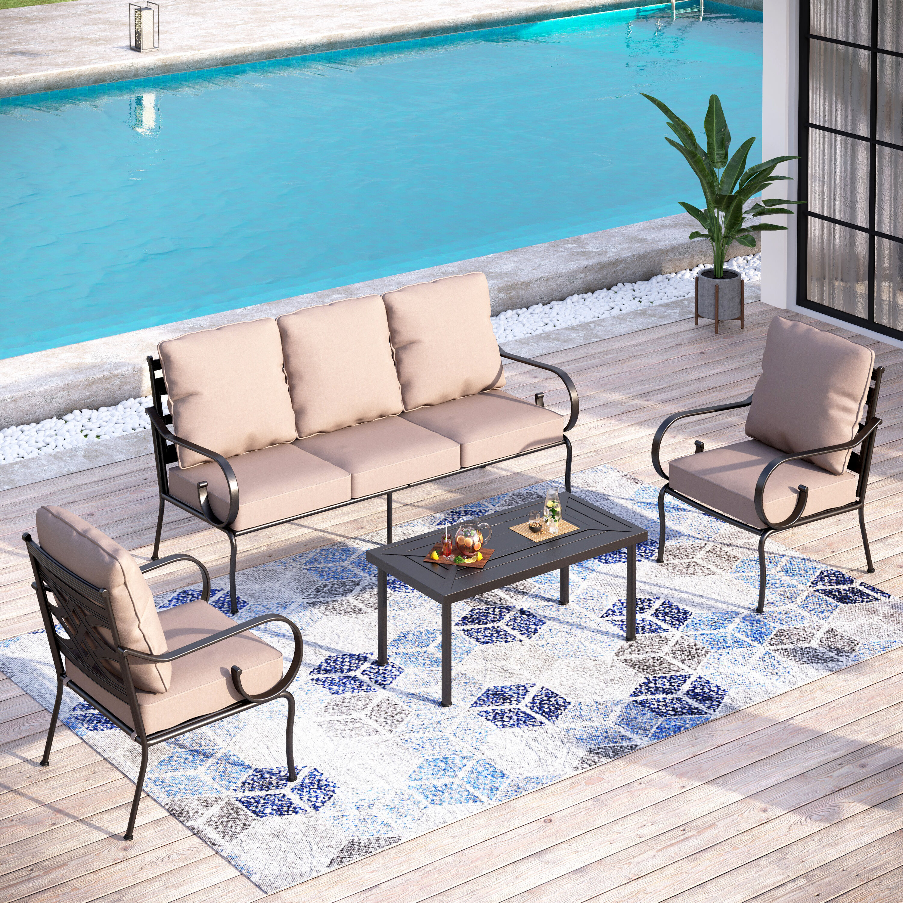 Sunshine Valley CP005-05-5 4 -Piece Patio Sofa Conversation Set with Tan CUSHION PRO Cushions