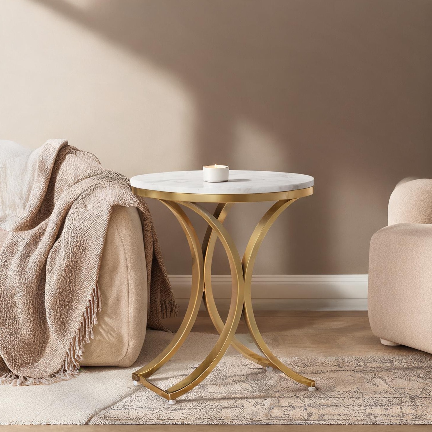 Naturefalls 26.4Lx22Wx5.1H Inch Marble-Top Round End Table with Gold-Tone Base Modern Side Table for Living Room