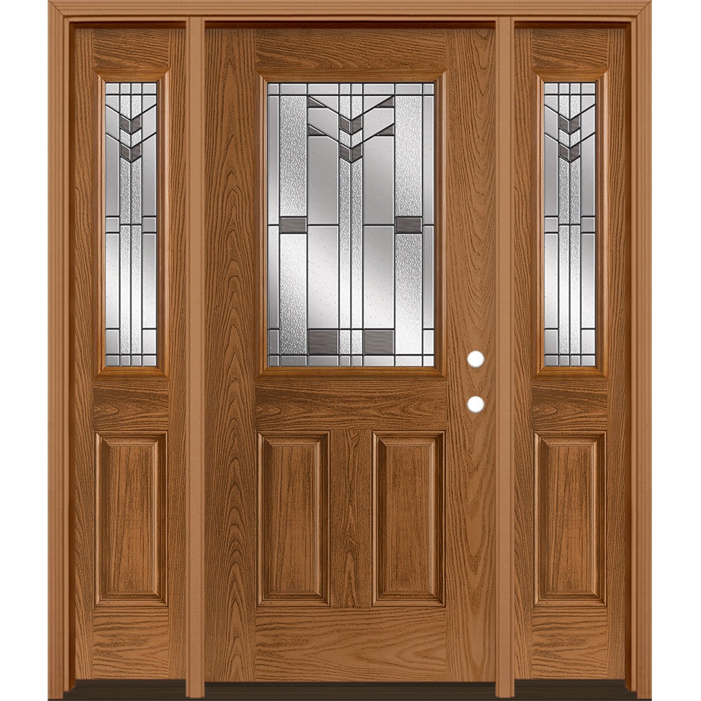 Masonite 3420267 Frontier 64-in x 80-in x 4-9/16-in Fiberglass Half lite Left-hand inswing Woodhaven Stained Prehung Front Door with Sidelights with Brickmould Insulating core