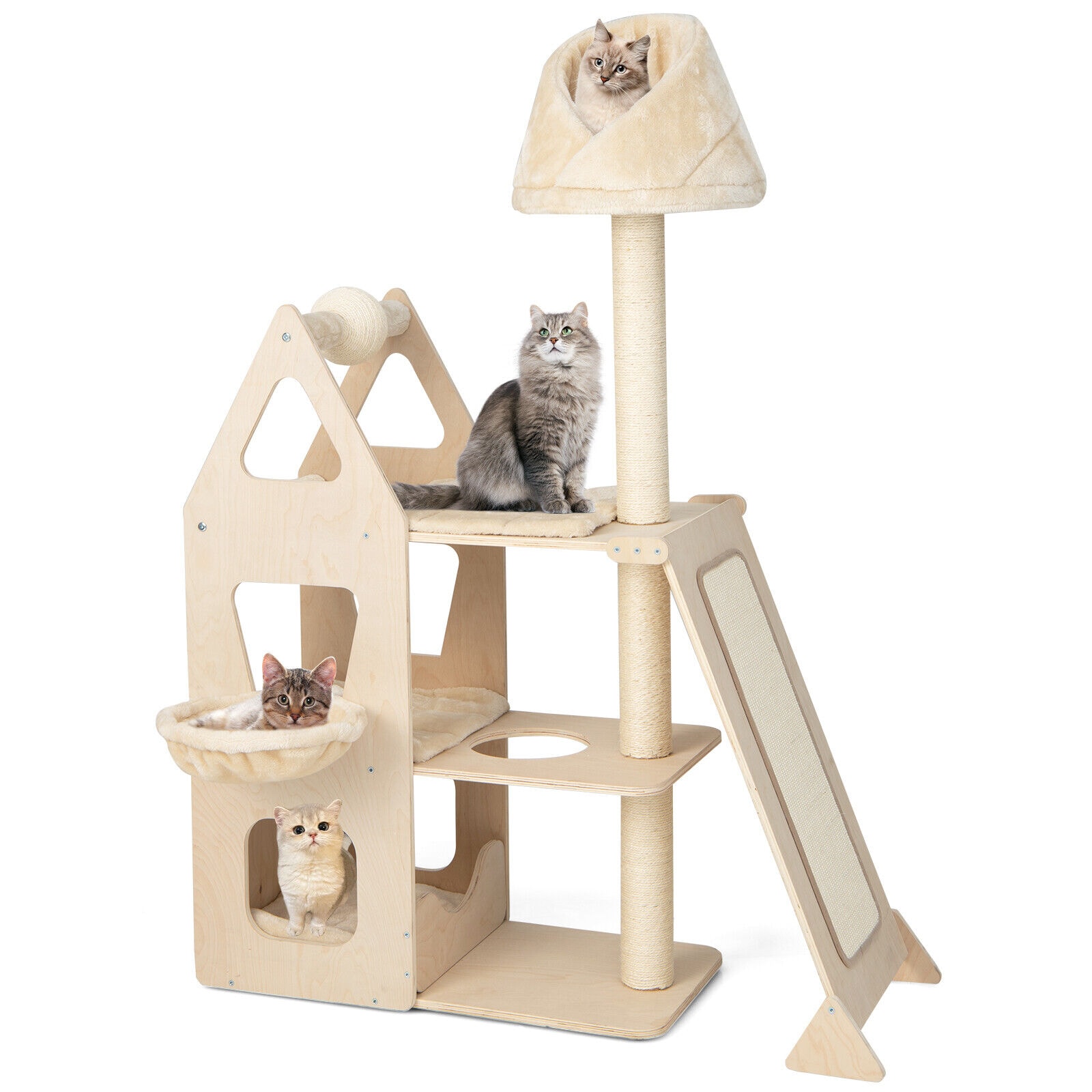 Slickblue D-CO-AN65001VP 64 x 17 Beige Plush Cat Tree with Condo Hammock and Sisal Posts Indoor