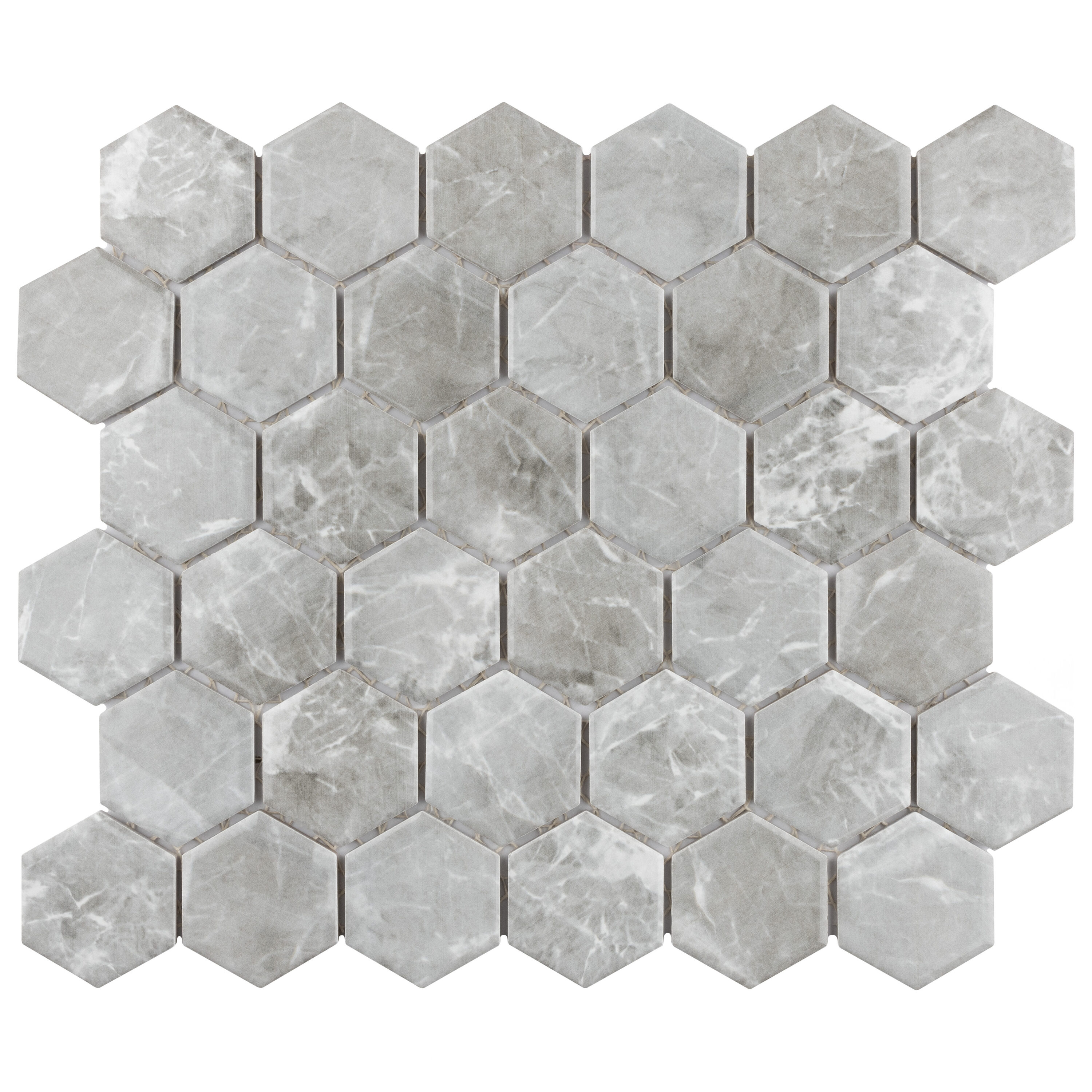 Affinity Tile FTC2FLGR Flo 2" Hex Grey 11-in x 13-in Glossy Porcelain Hexagon Mosaic Floor and Wall Tile ( 10-sq ft Carton
