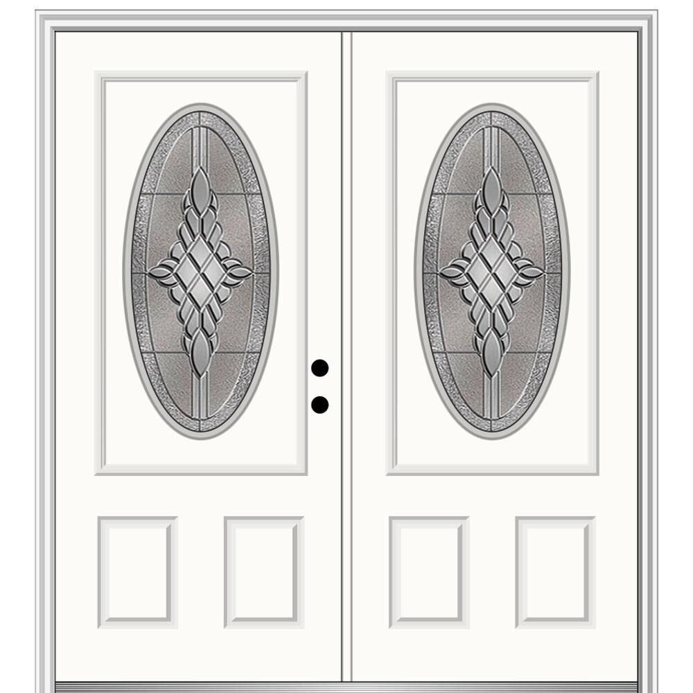 MMI DOOR ZZ366346L 72-in x 80-in x 6-9/16-in Fiberglass Oval lite Left-hand inswing Alabaster Painted Prehung Double Front Door with Brickmould Insulating core