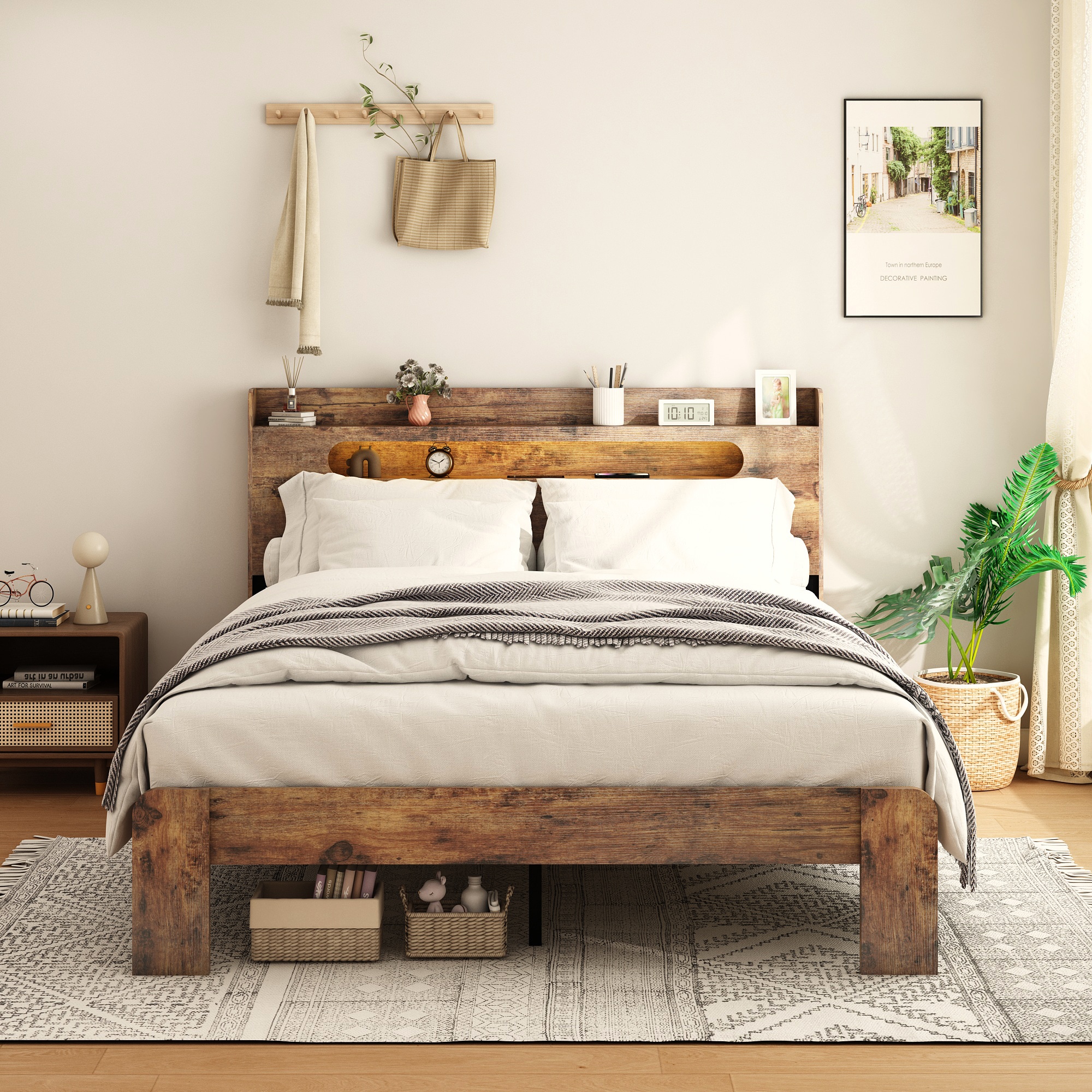 King Size Wood Platform Bed Frame Storage LED Headboard 2 USB Noise Free No Box Spring Dark Brown