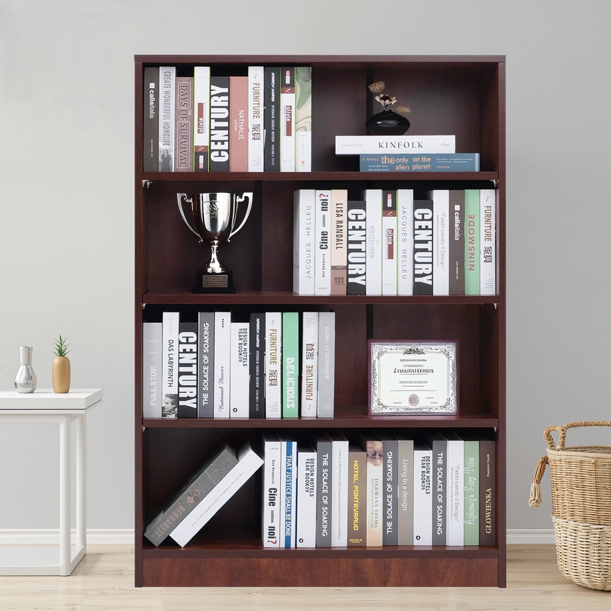 Wooakway 4 Tier Open Bookshelf Tall Bookcase Storage Shelving Unit Anti Tip Frame Freestanding Display Rack with Cable for Home Office
