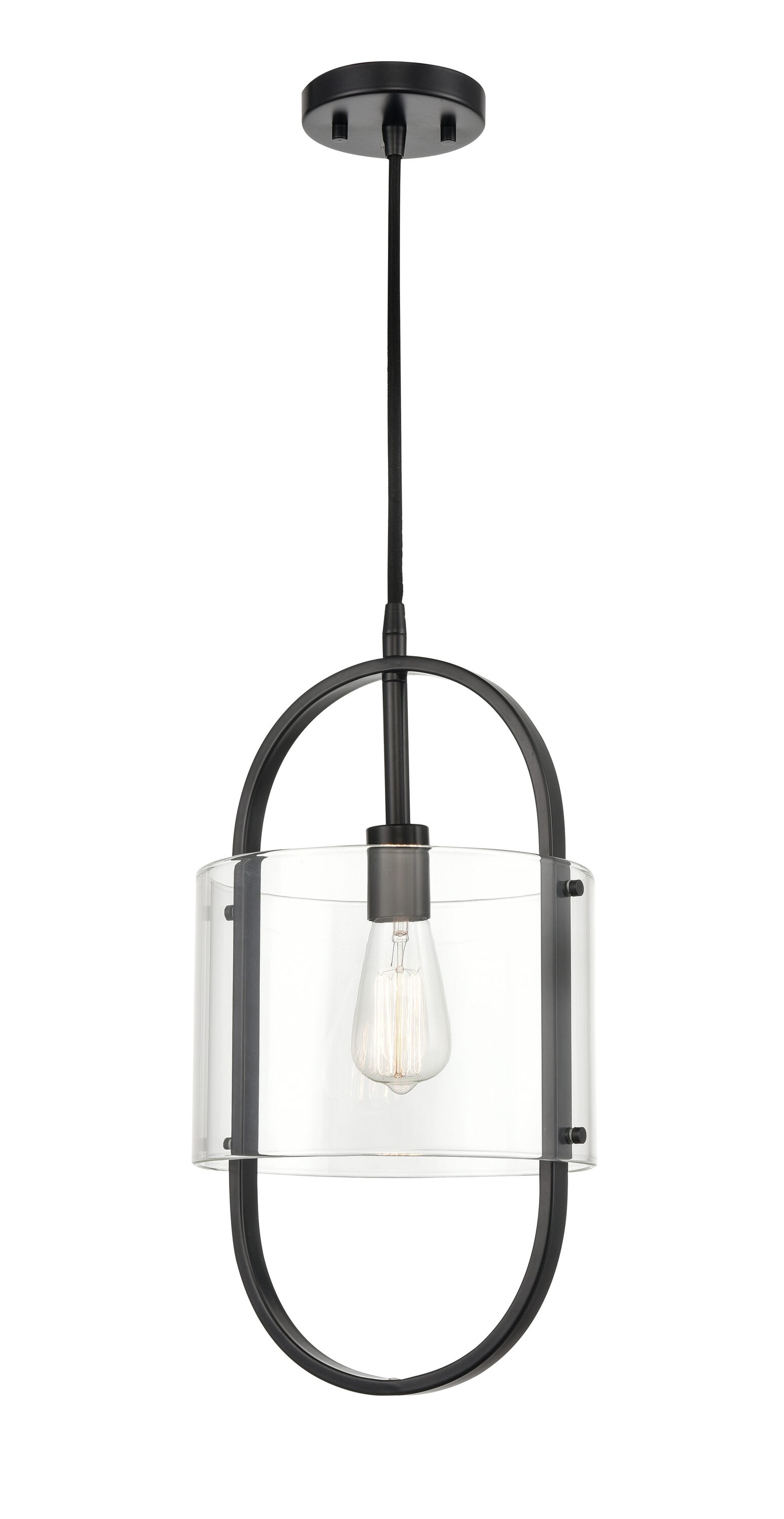 Innovations Lighting 371-1P-BK-CL Pelham Matte Black Industrial Clear glass Drum Medium Hanging Pendant light