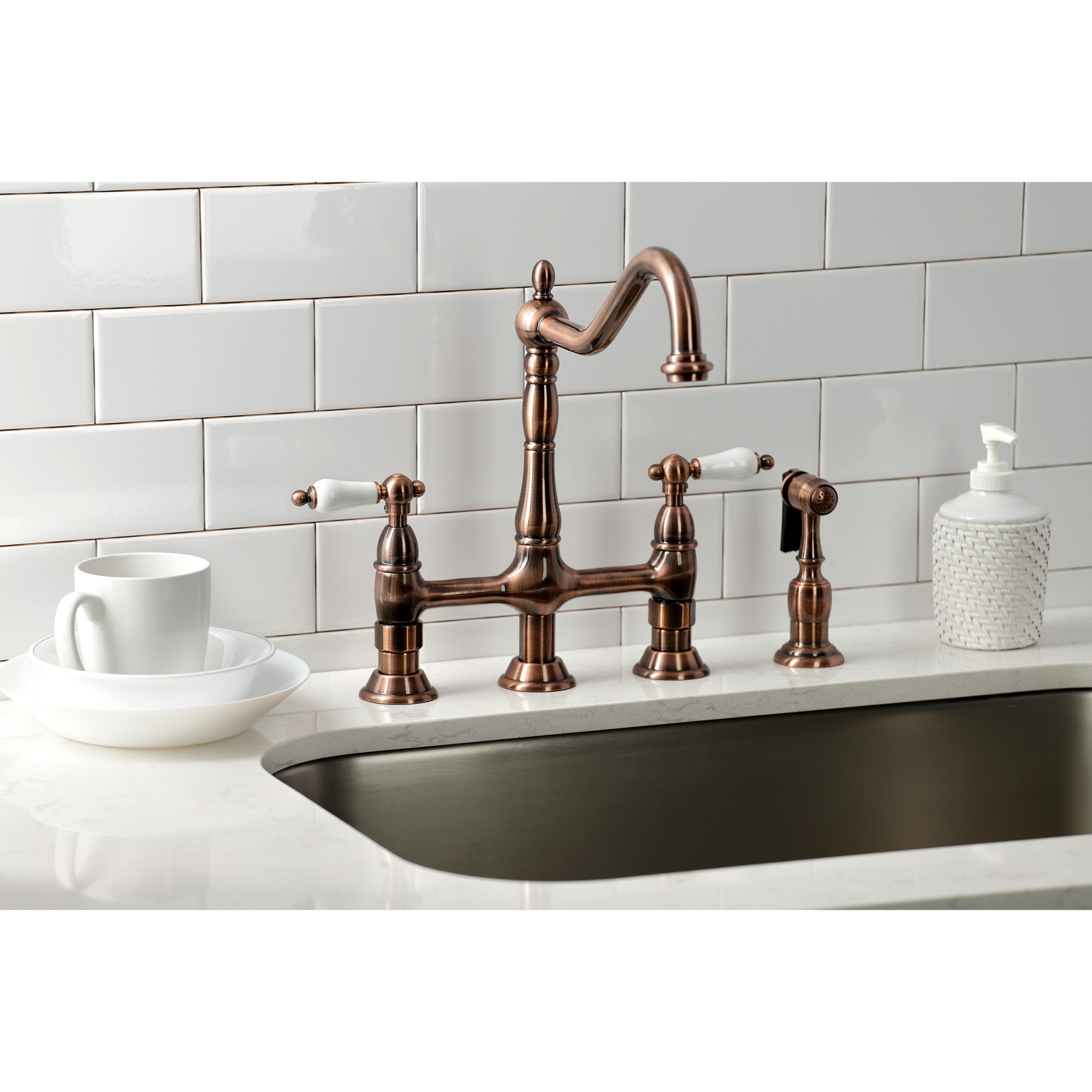 Kingston Brass WLKS127PLBSAC Heritage Antique copper Double Handle Deck-mount Bridge Kitchen Faucet with Sprayer ( Side Sprayer Included )