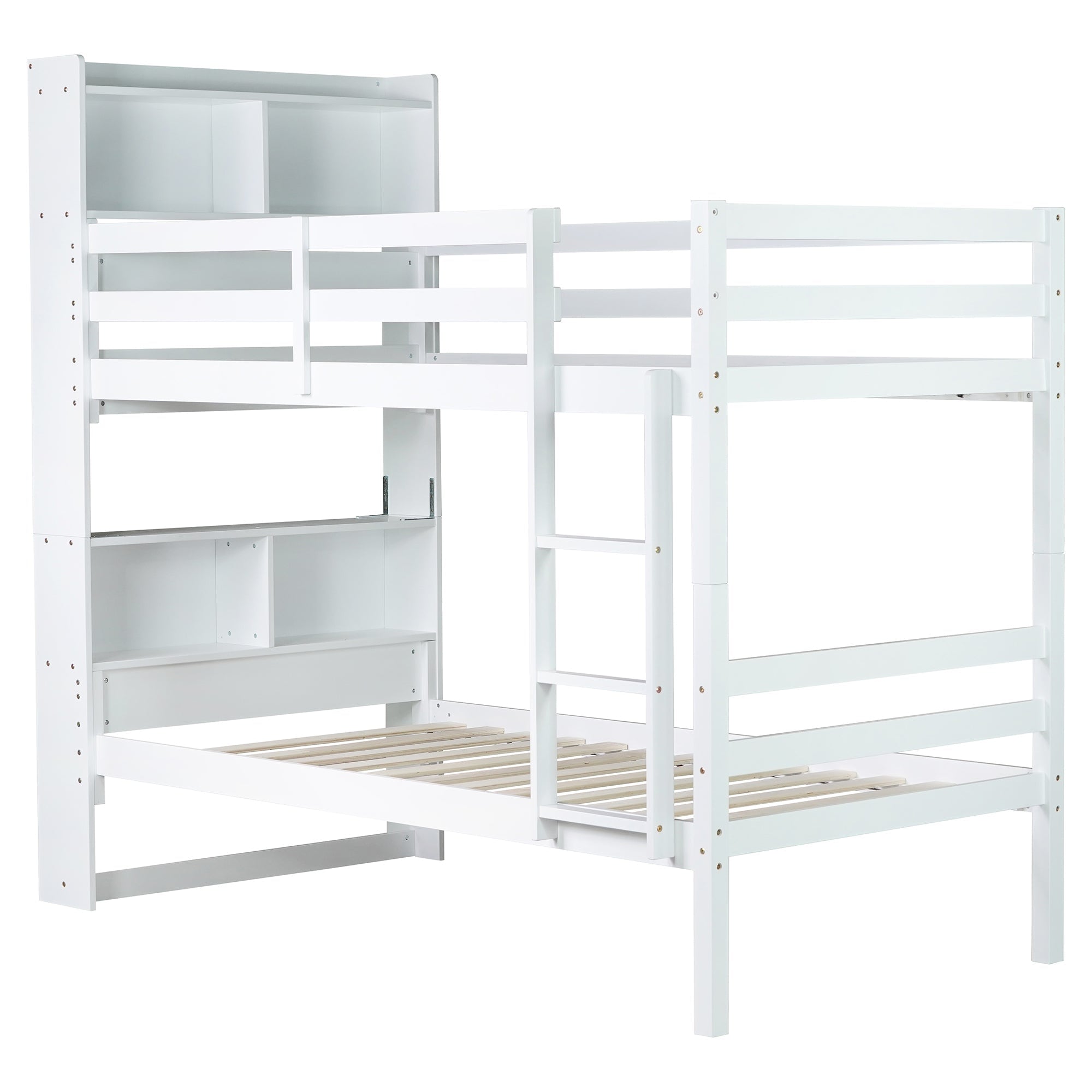 Vecelo Twin Bunk Bed with Storage Shelves Solid Wood Frame White Built in Headboard Cubby Ladder and Safety Guardrail Space Saving Bed for Kids Teens Bedroom