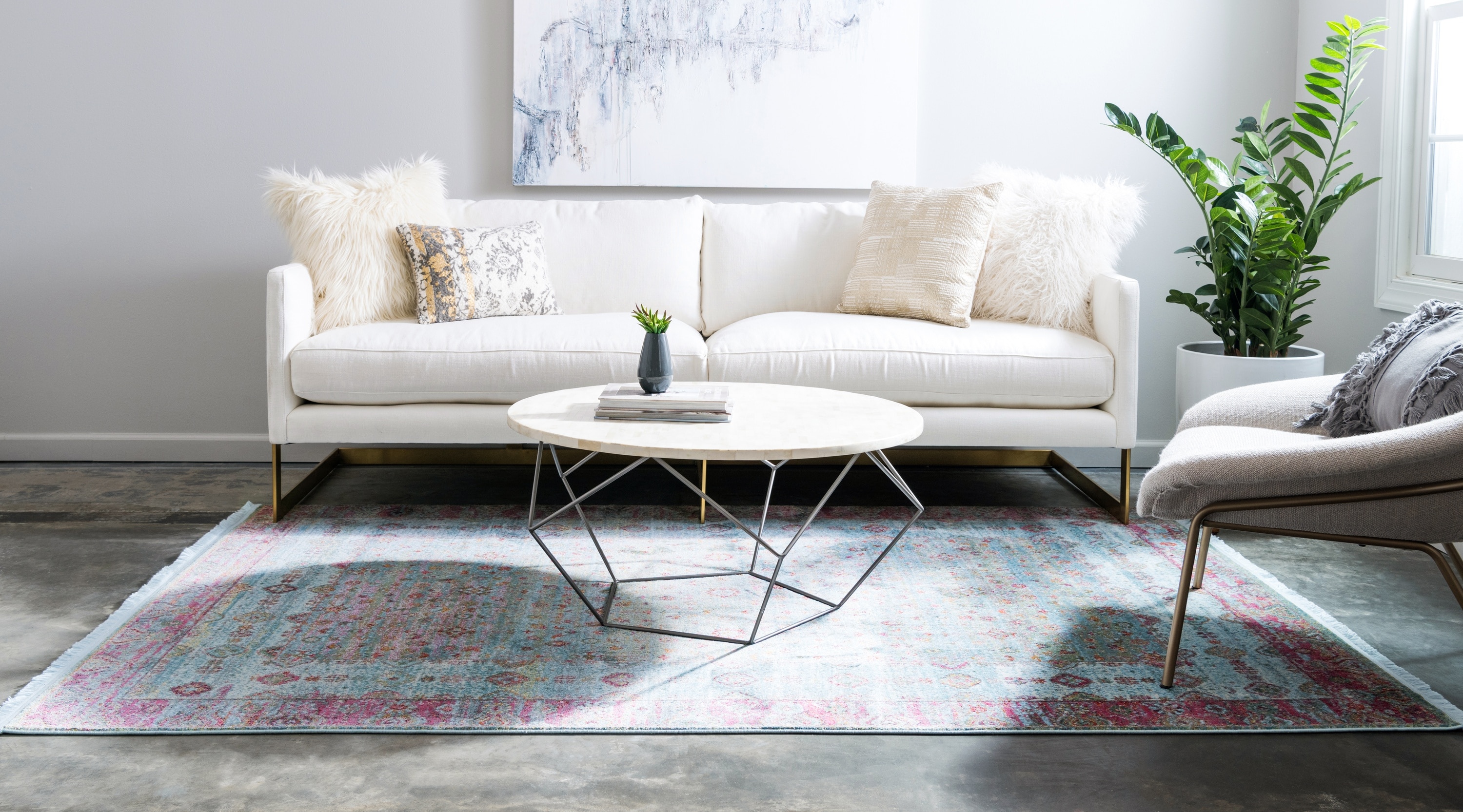 Blue and Pink Rectangular Synthetic Vintage Area Rug