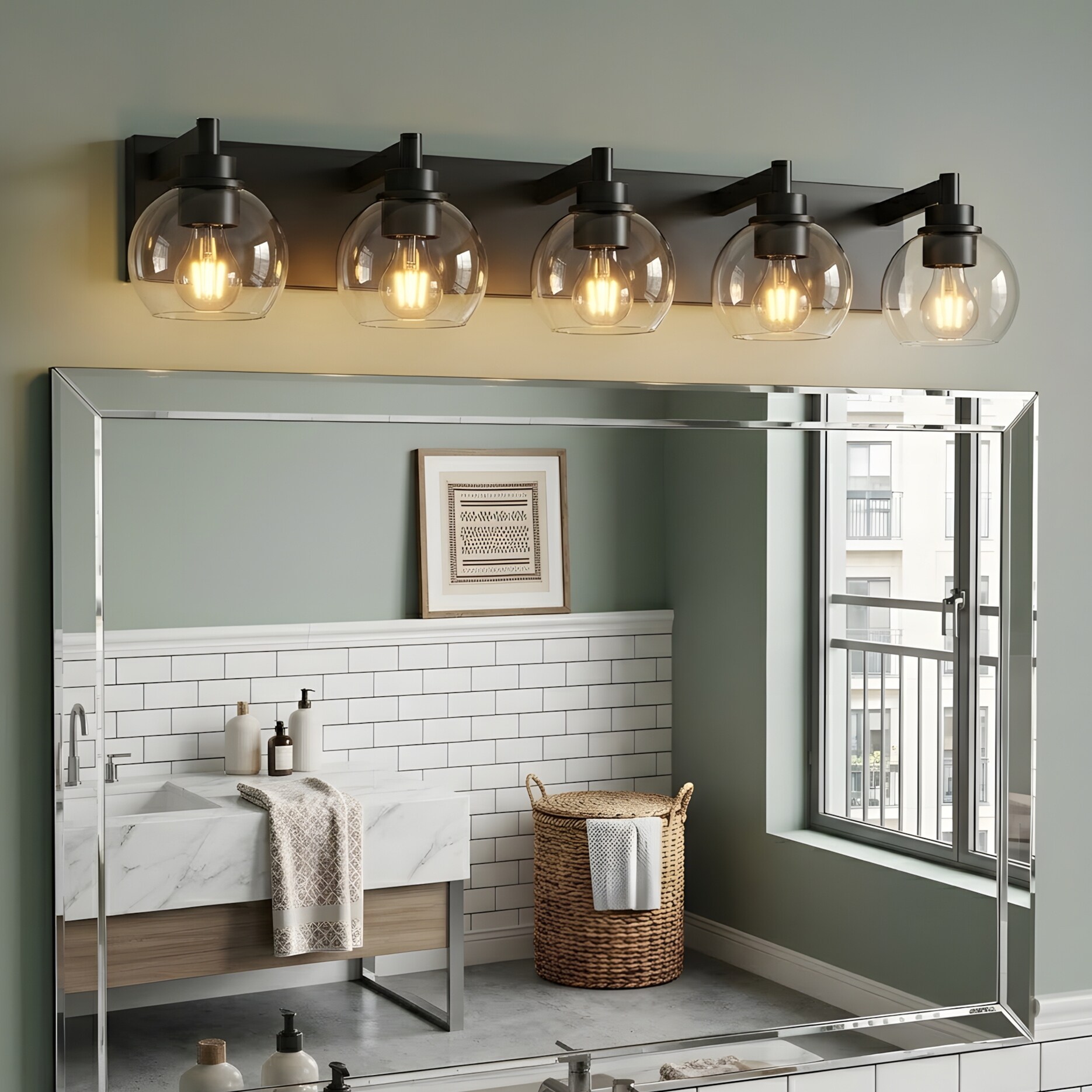 RCCFBHM - 34-in 5-Light Modern Matte Black Bathroom Vanity Light With Clear Glass Shades