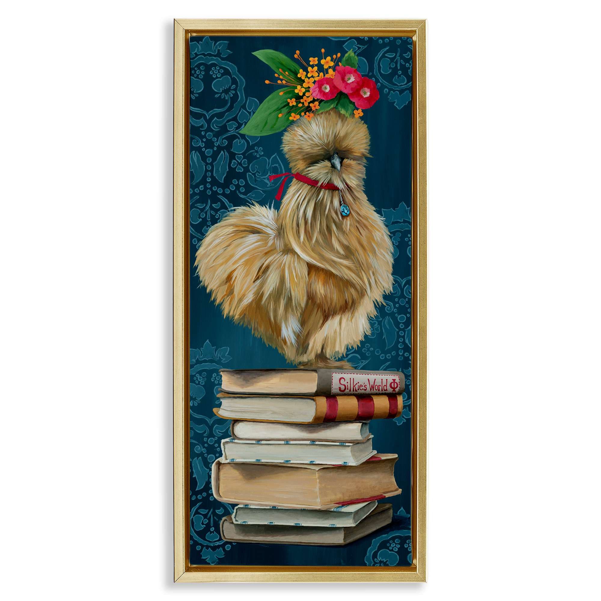 Stupell Industries BT-211-FFG-10X24 Farmhouse Chicken on Bookstack Floating Frame design by Heather Gauthier