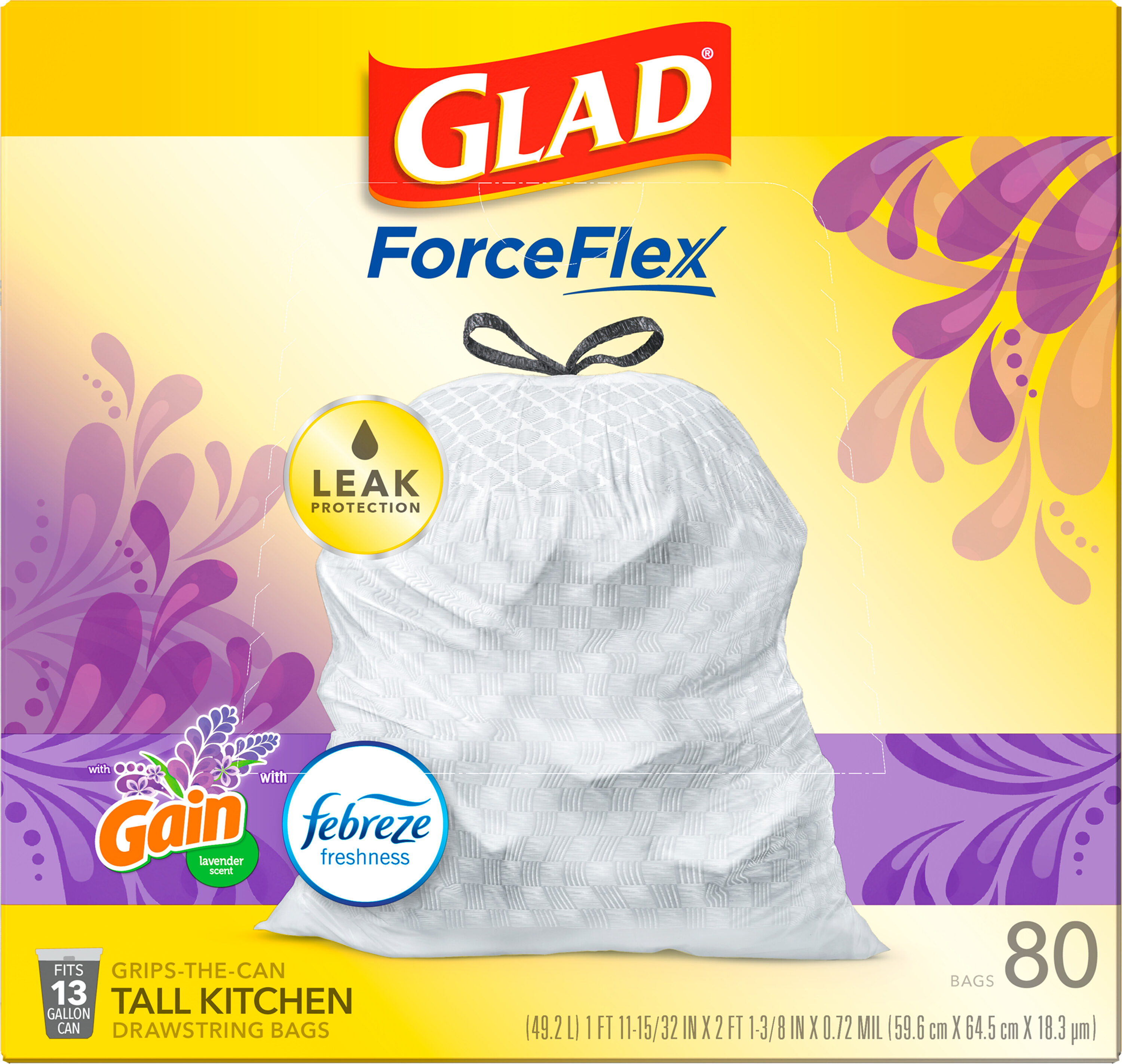 Glad ForceFlex Kitchen Bags, Tall, Drawstring, Gain Original Scent, 13 Gallon - 80 bags