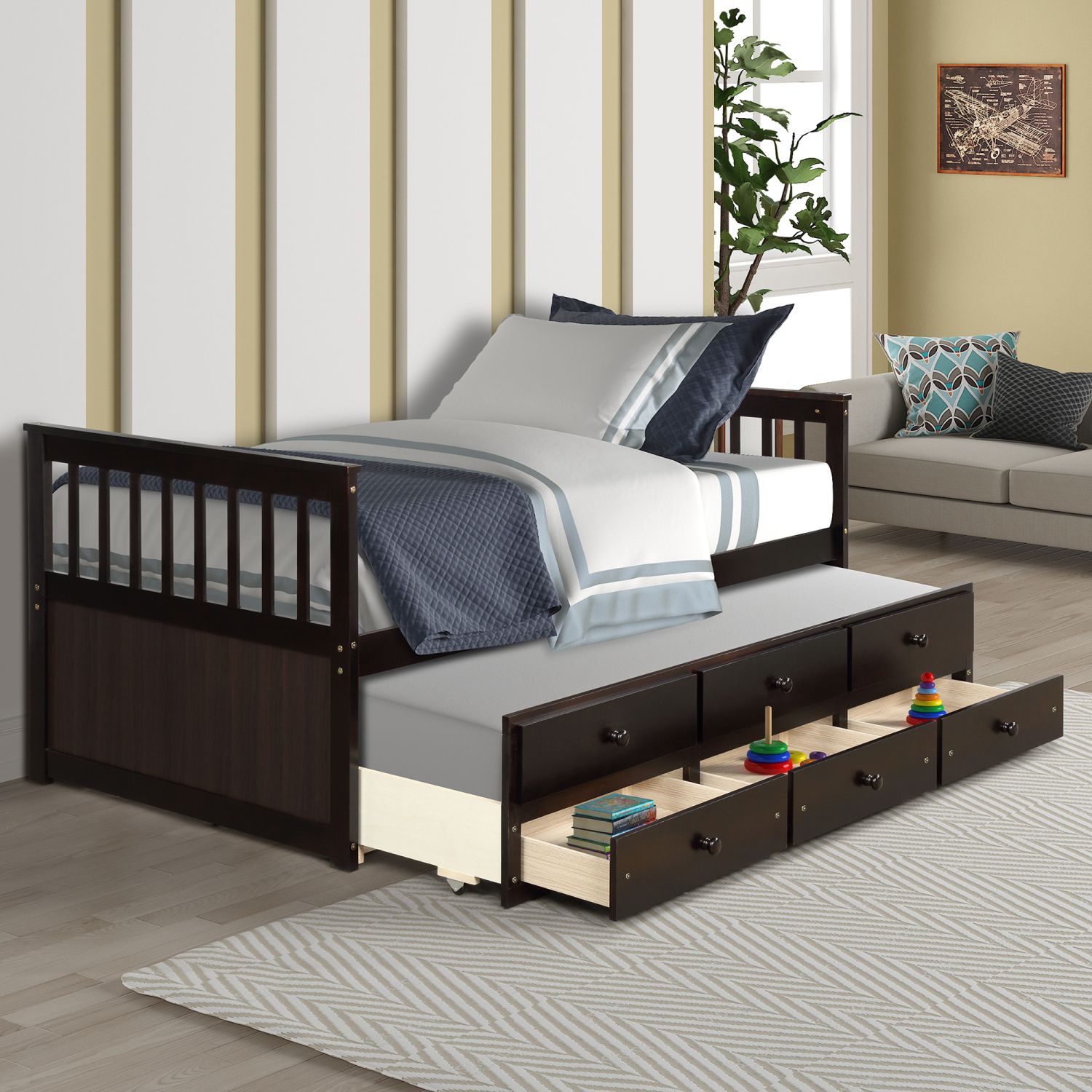 JASMODER SH000176AAP Espresso Twin Composite Platform Bed with Storage