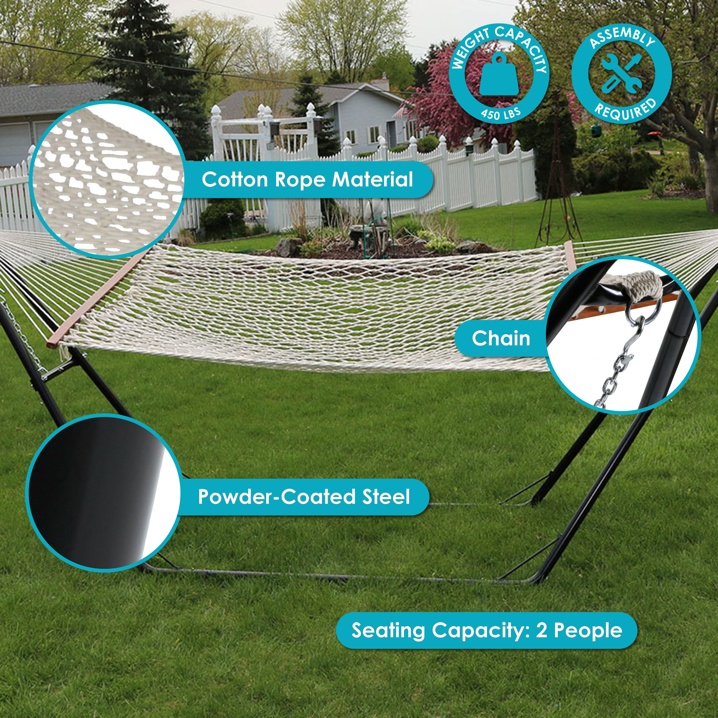 Off-White Cotton Double Wide Rope Hammock with Steel Stand