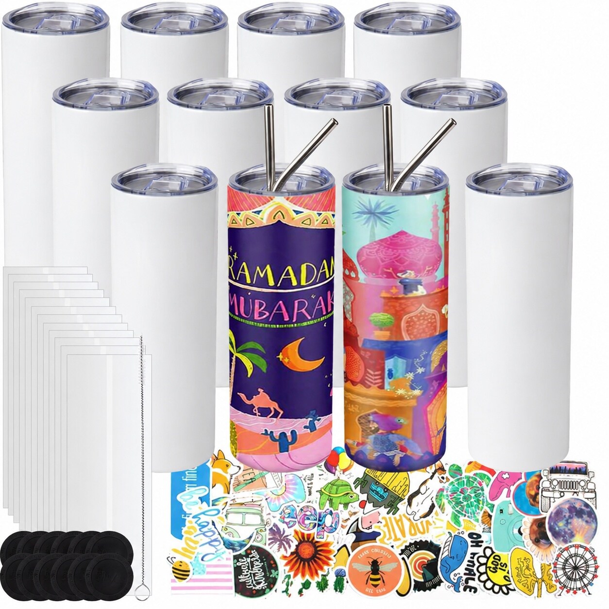 Aoibox  12 Pack 20 oz Sublimation Tumbler Set Double Walled Stainless Steel Skinny Straight Blank Tumbler with Lid Straw