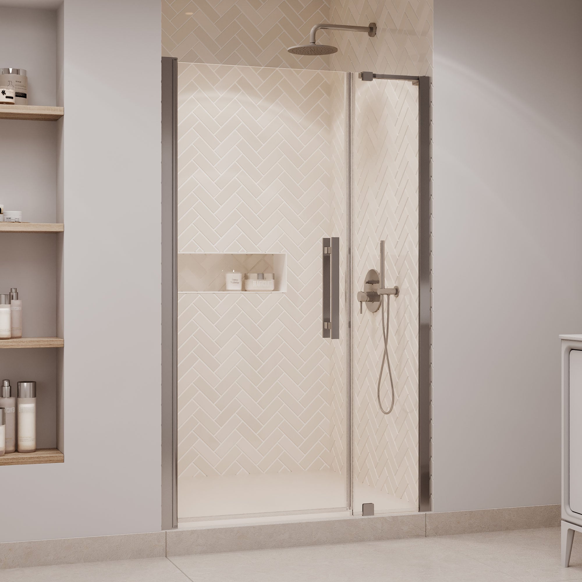 OVE Decors 15SGP-PASA47-SAT Pasadena Satin Nickel 45-7/16-in to 47-3/8-in W x 72.01-in H Frameless Clear Glass Pivot Shower door