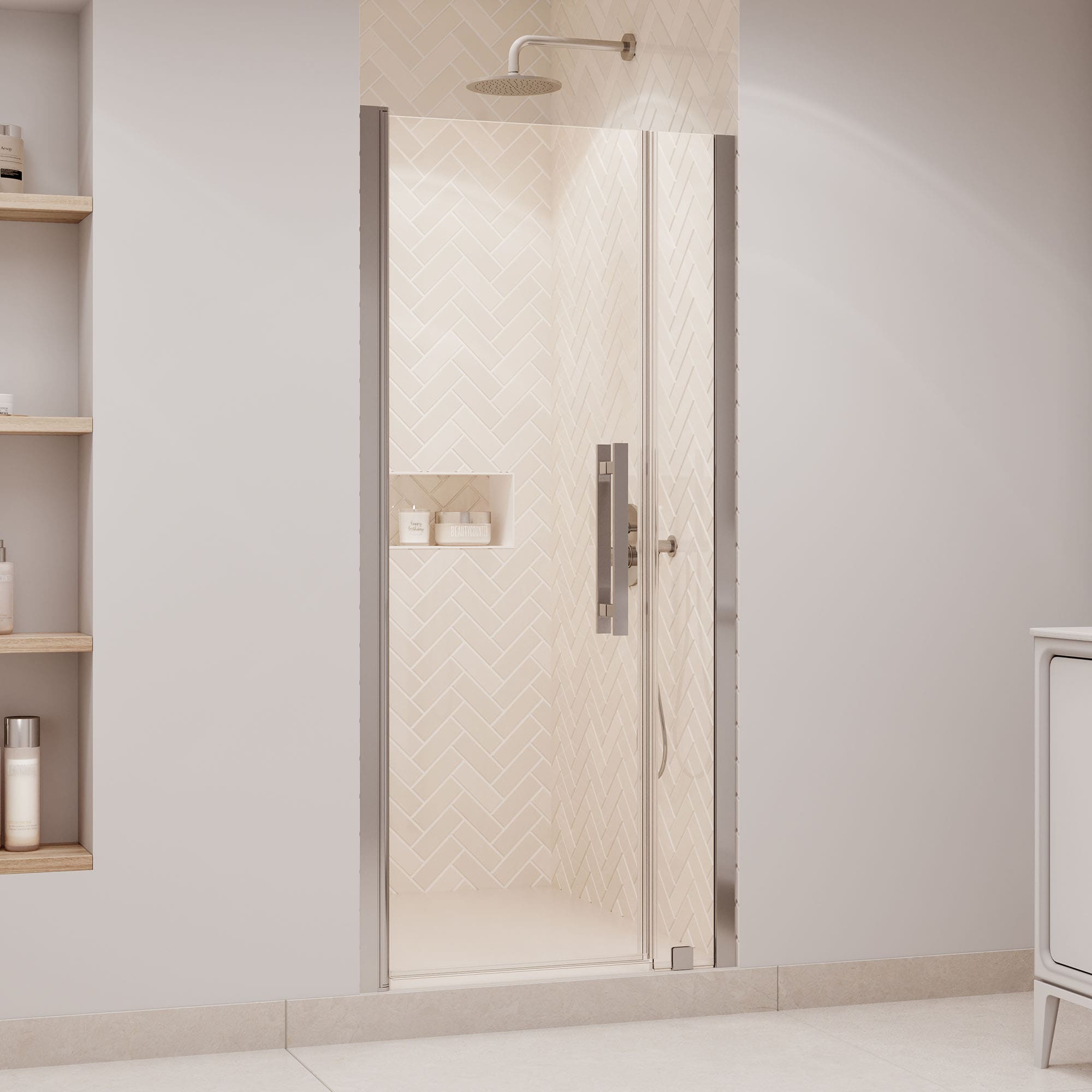 OVE Decors 15SGP-PASA35-SAT Pasadena Satin Nickel 33-3/4-in to 35-3/4-in W x 72.01-in H Frameless Clear Glass Pivot Shower door