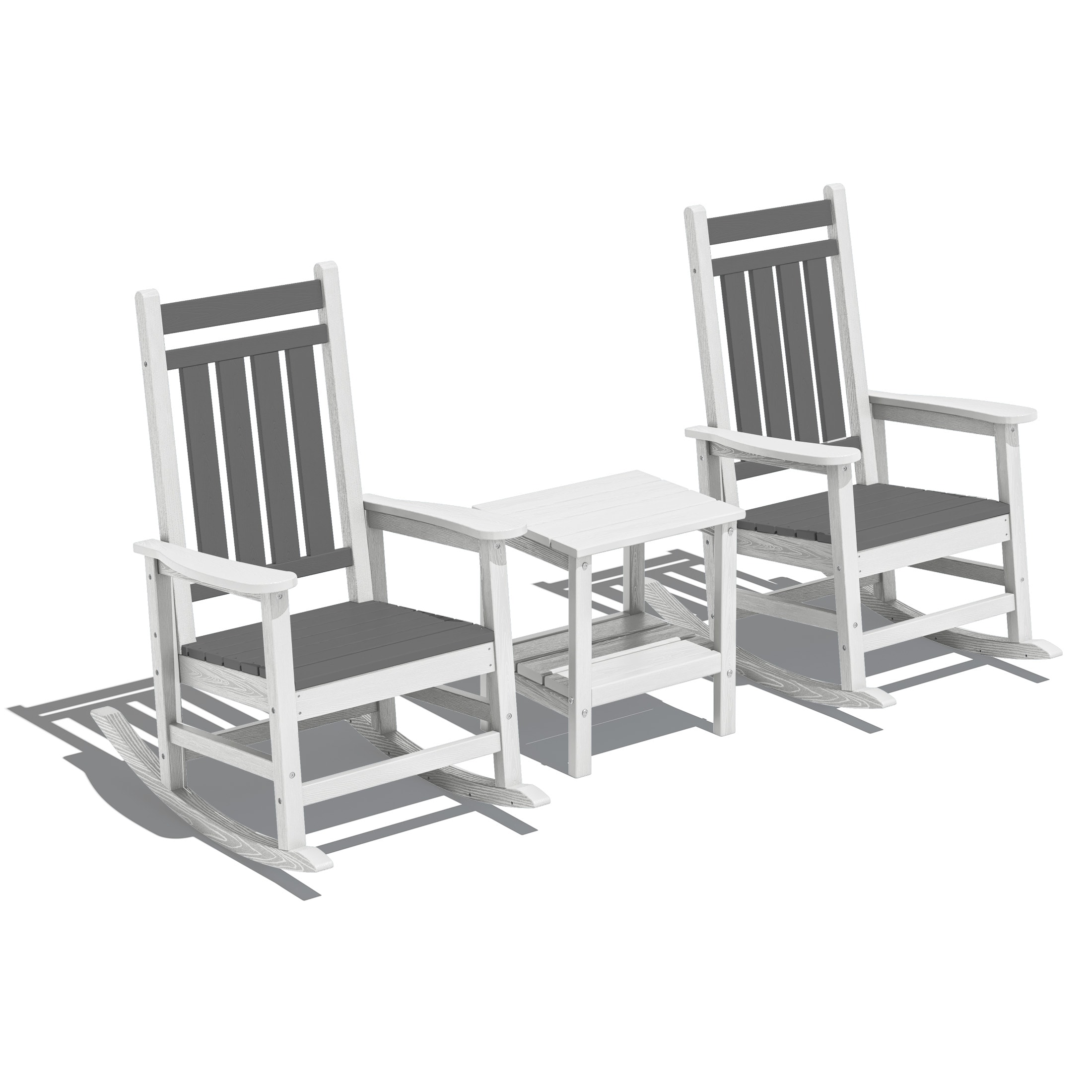 JEAREY GBYY3JT-GW HDPE High-back Patio Rocking Chair Set of 2 Gray/White HDPE Frame Rocking Chair with Slat Seat