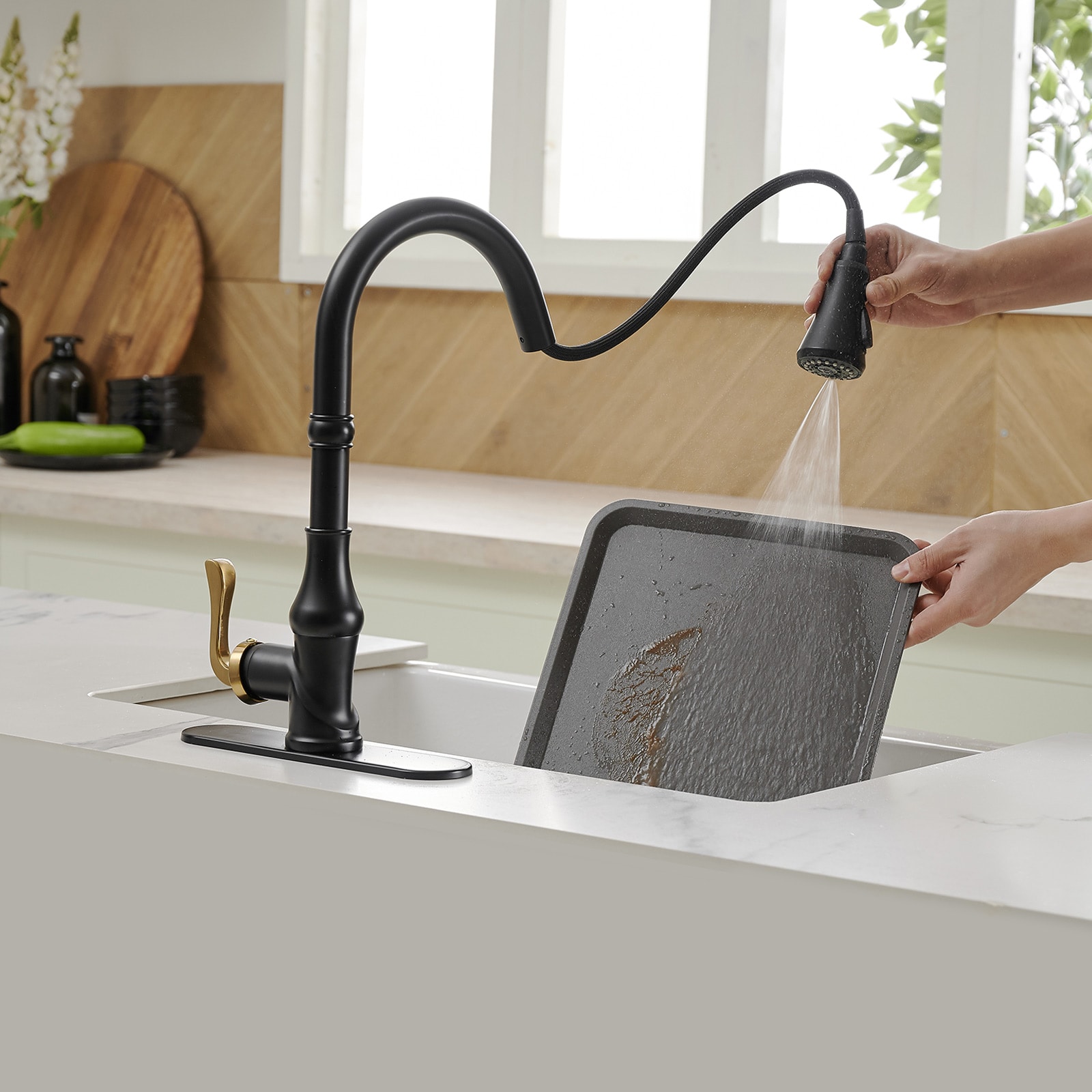 BWE A-94552 Kitchen Faucet Gold Black Single Handle Filtered Kitchen ...