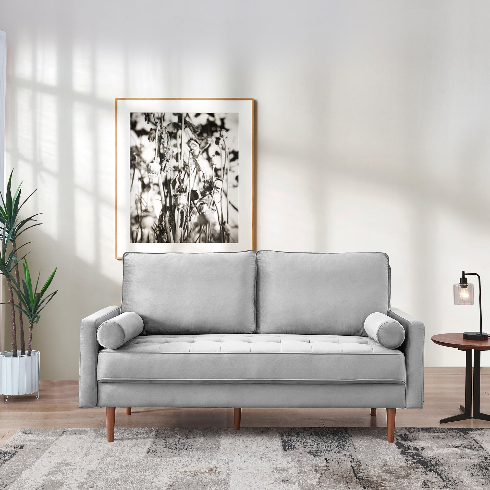 69 Inch Grey Velvet Sofa with Wood Legs and Bolster Pillows