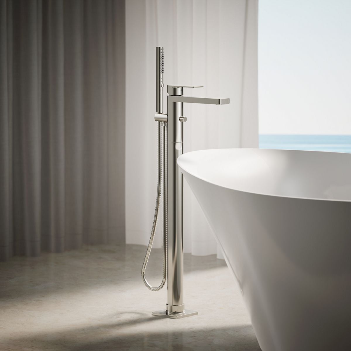 KOHLER T23492-4-SN Parallel Vibrant Polished Nickel 1-handle Freestanding Low-arc Bathtub Faucet with Hand Shower ( Valve Included )