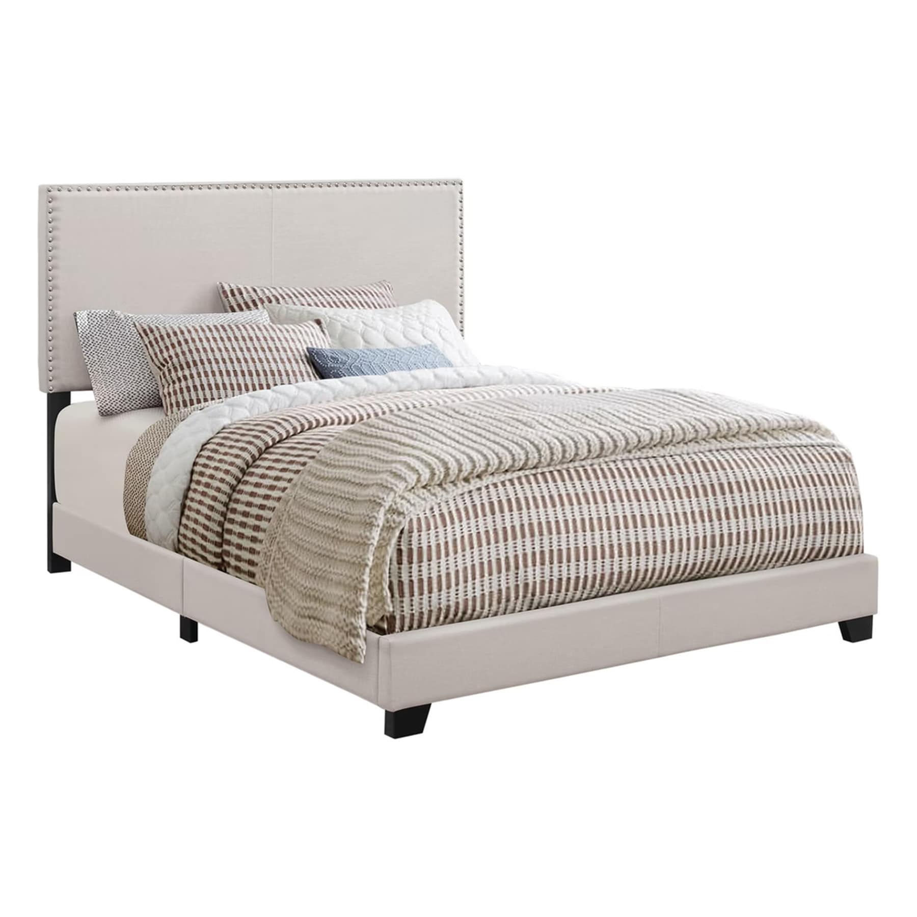 Ivory Upholstered Queen Platform Bed with Nailhead Trim and Wood Frame
