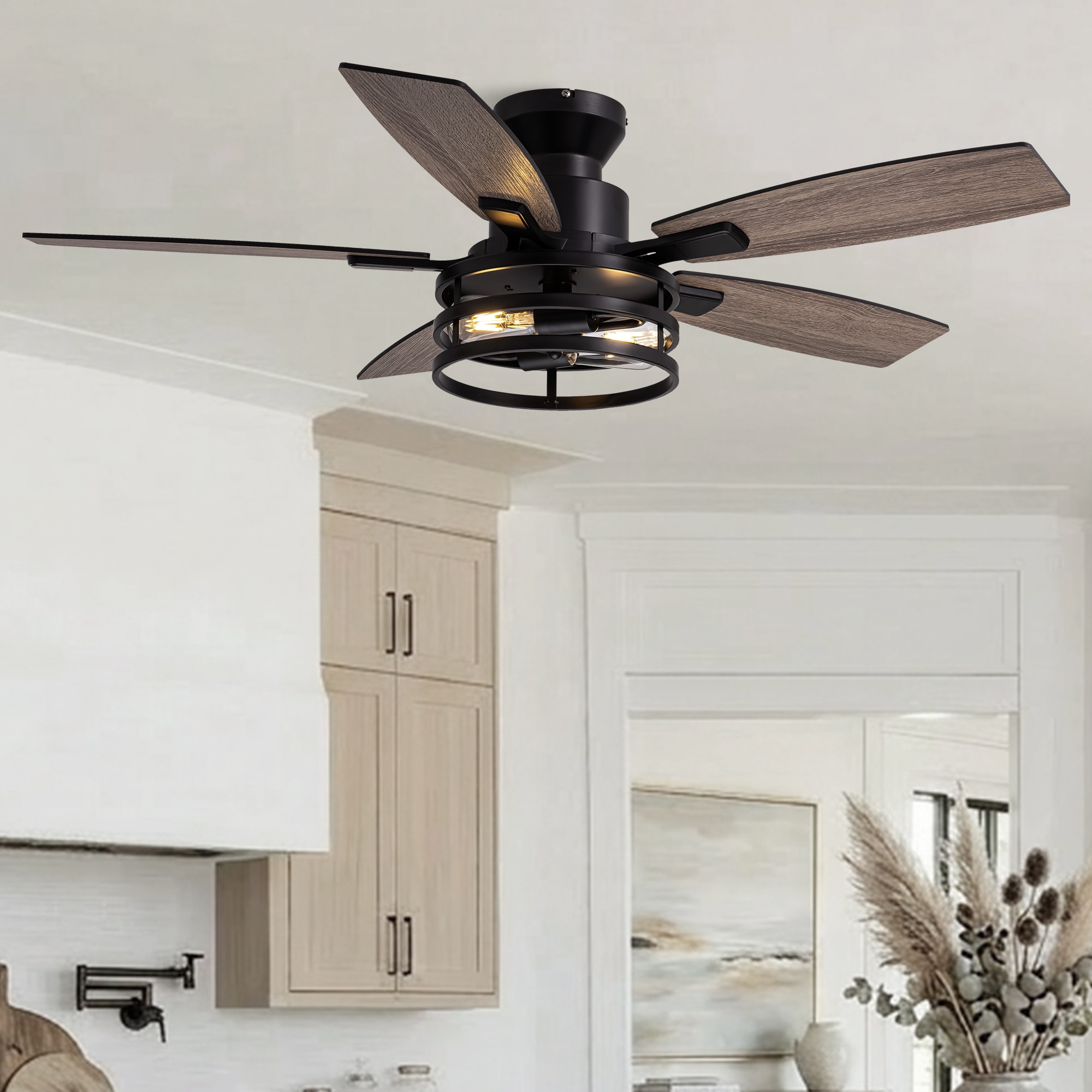 SILJOY 46 Inch Farmhouse Flush Mount Ceiling Fan with Light and Dual Blades (Remote Included 5 Blades)for Patio Bedroom and Living room