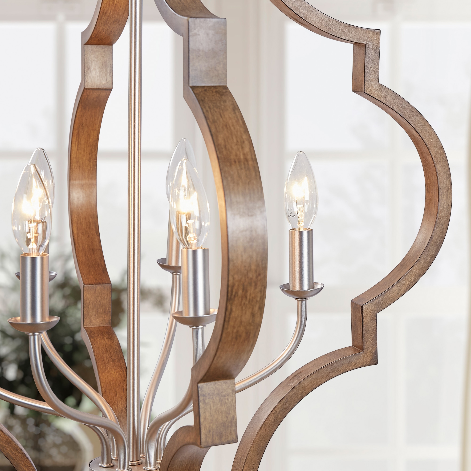 Progress Lighting Teigen 6-Light Teak Wood and Satin Nickel Farmhouse Geometric Large Hanging Pendant Light