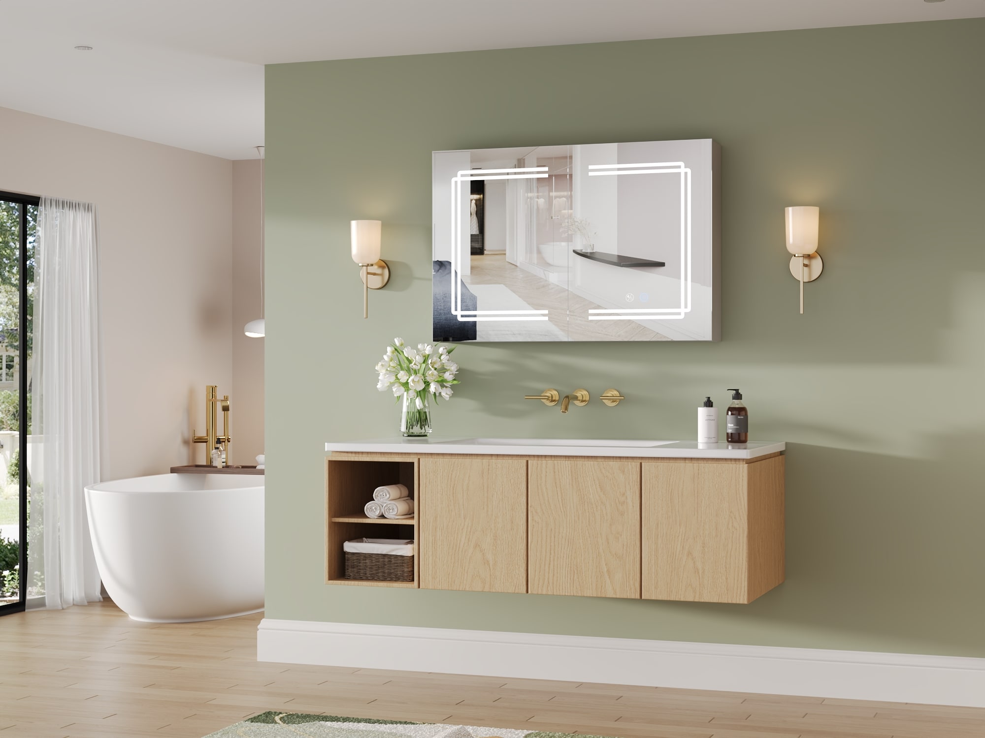 Silver Aluminum LED Medicine Cabinet with Mirror and Bluetooth Speaker