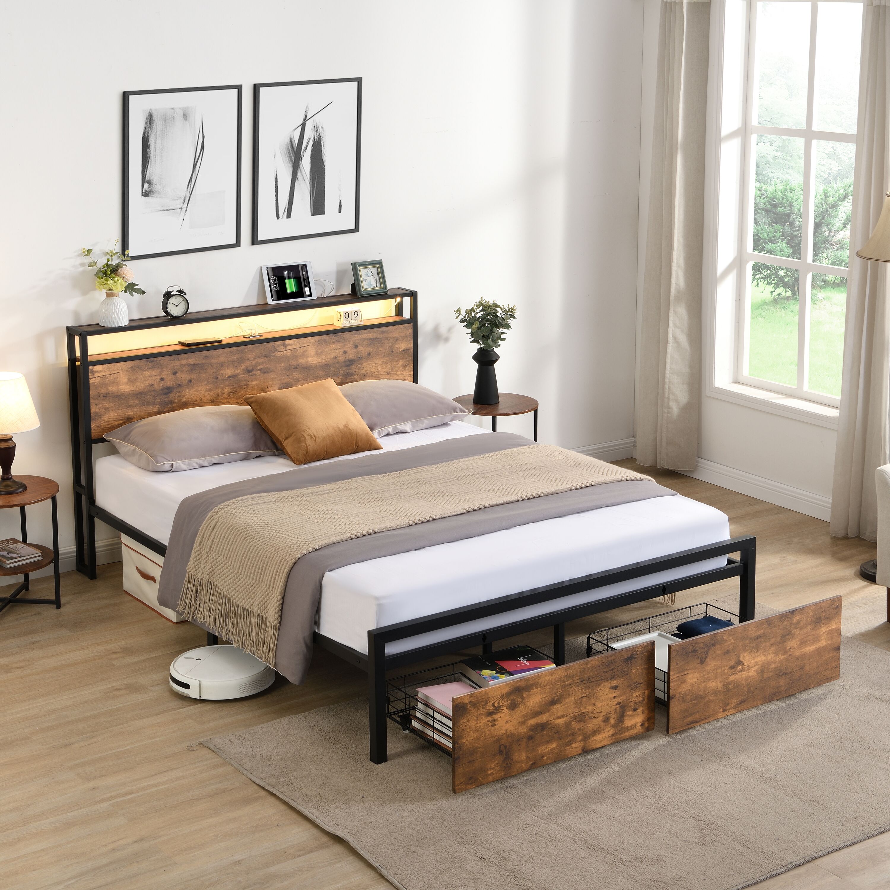 Nestfair Queen Brown Metal Platform Bed Storage with Headboard in the ...
