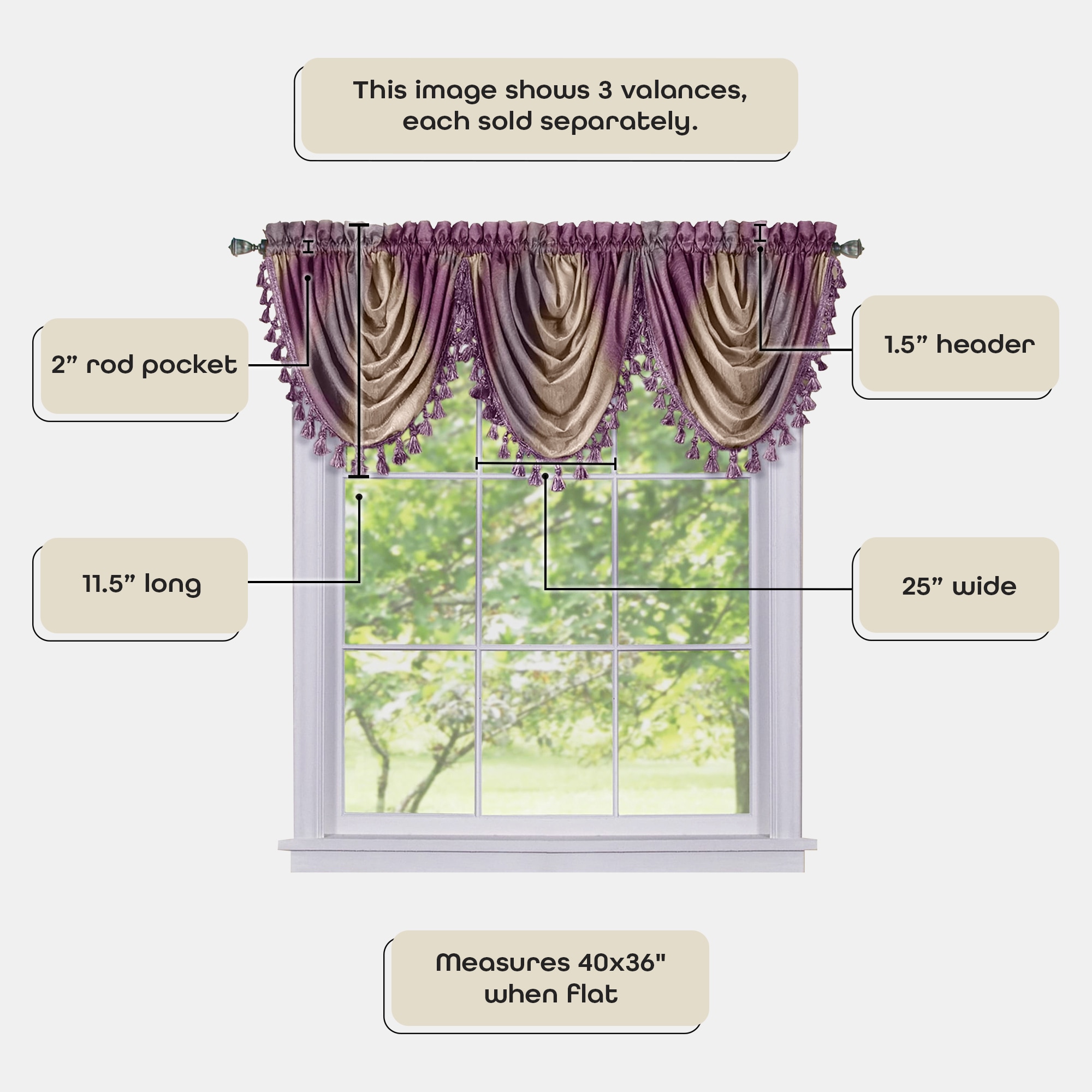 Aubergine Ombre Tasseled Waterfall Valance, 46" x 42" Polyester