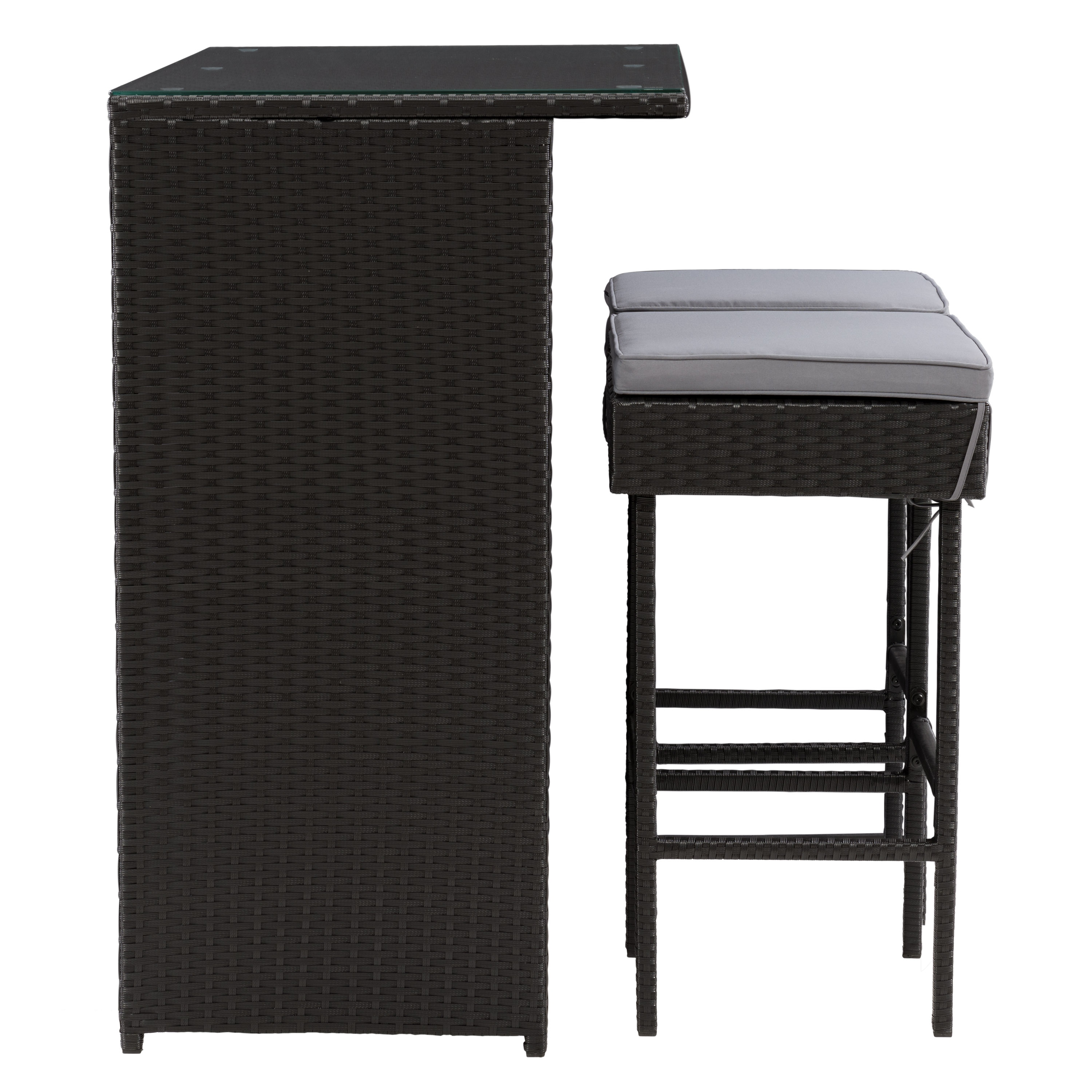 Parksville Black Resin Wicker and Steel Patio Bar Set with Grey Cushions