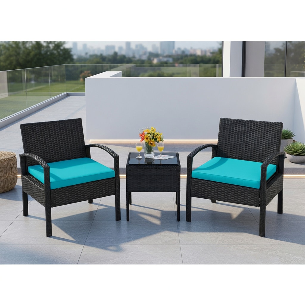 Choco Moon - 3 Piece Turquoise White PE Wicker Outdoor Patio Sofa Set Removable Washable Cushions...
