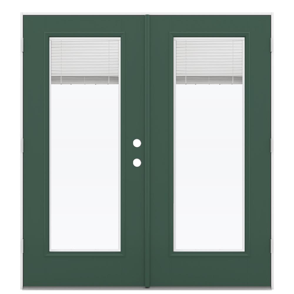 JELD-WEN LOWOLJW182200220 72-in x 80-in x 4-9/16-in Jamb Low-e Blinds Between The Glass Evergreen Fiberglass French Right-Hand Outswing Double Patio Door