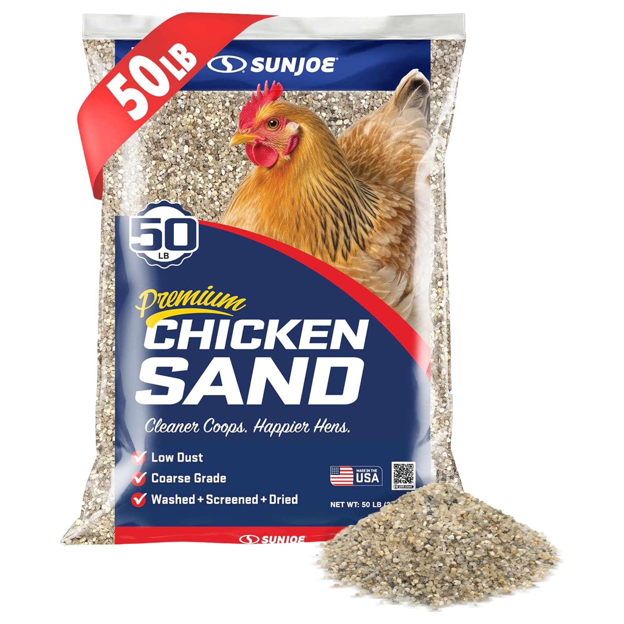 Sun Joe Premium Chicken Coop Sand Coarse Grade Washed Screened and Dried Fast-Draining Non-Clumping Natural Mineral Poultry Bedding 50 lb Bag