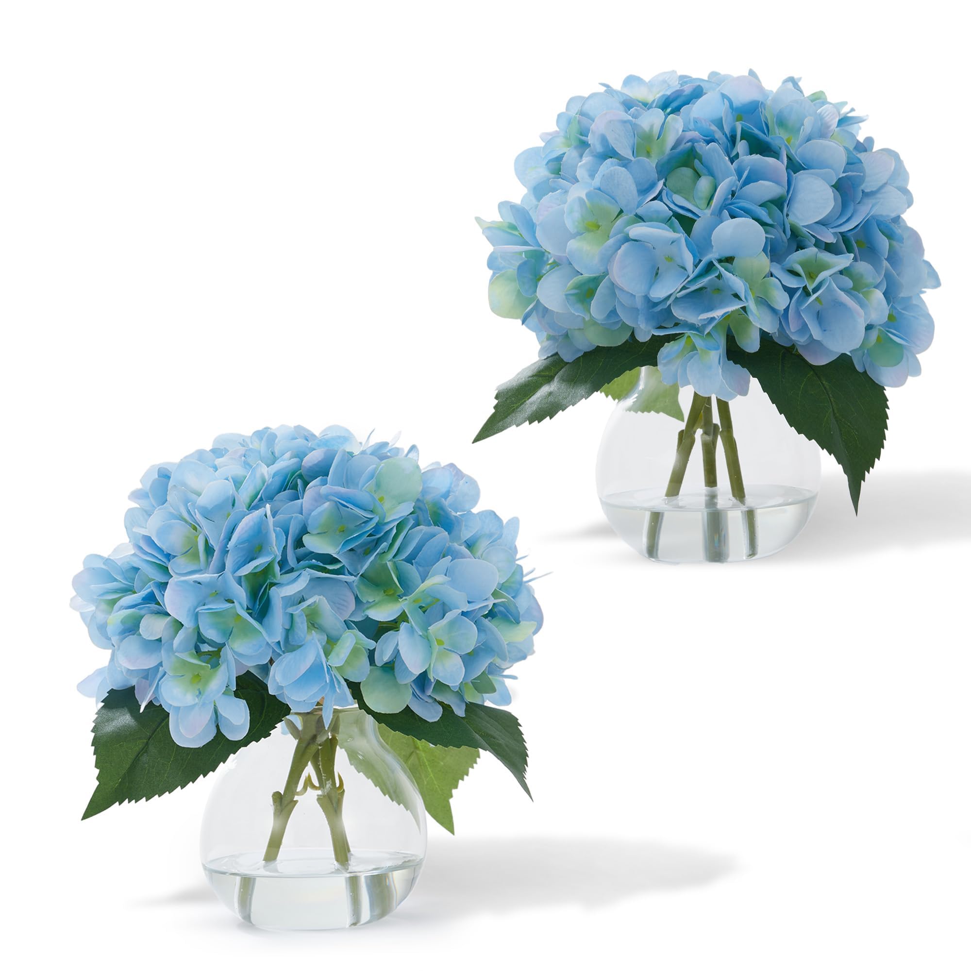 IdealHouse Set of of 2 Fake Hydrangea Flowers in Glass Vase and Faux Water Silk Hydrangea Flowers ideal for Farmhouse Wedding Office Bathroom Counter Decoration Blue