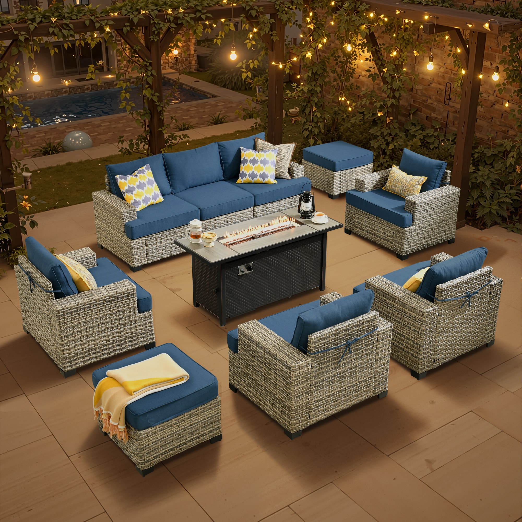 XIZZI XITBS5075-54IFP Agate 8 -Piece Rattan Patio Sofa Conversation Set with Blue Cushions