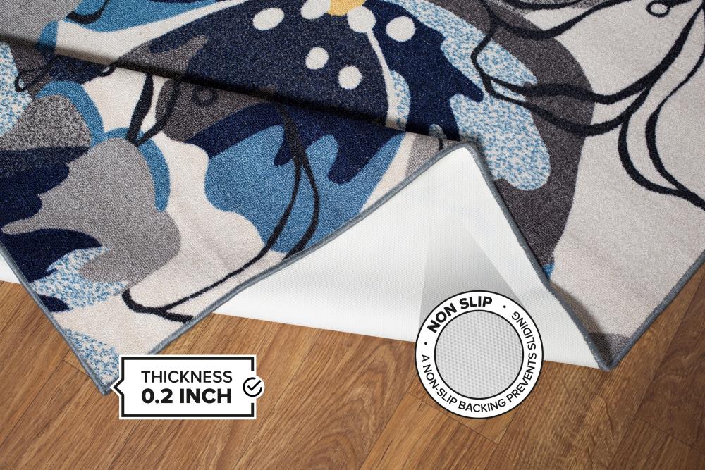 Gray and Blue Floral Synthetic Rectangular Area Rug