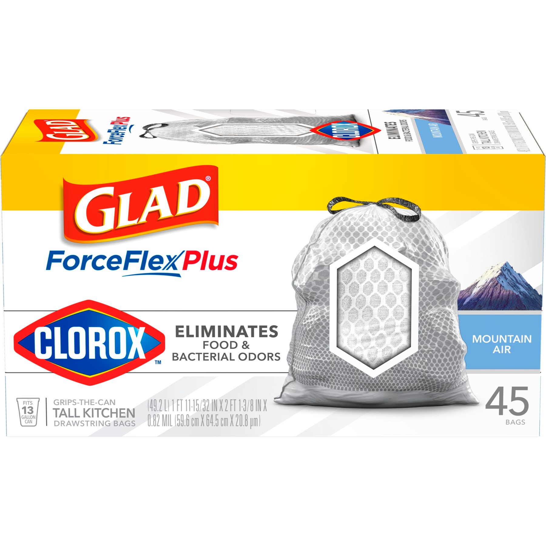 Glad Large Drawstring Trash Bags, ForceFlex with Clorox, 30 Gallon, Mountain Air, 50 Count