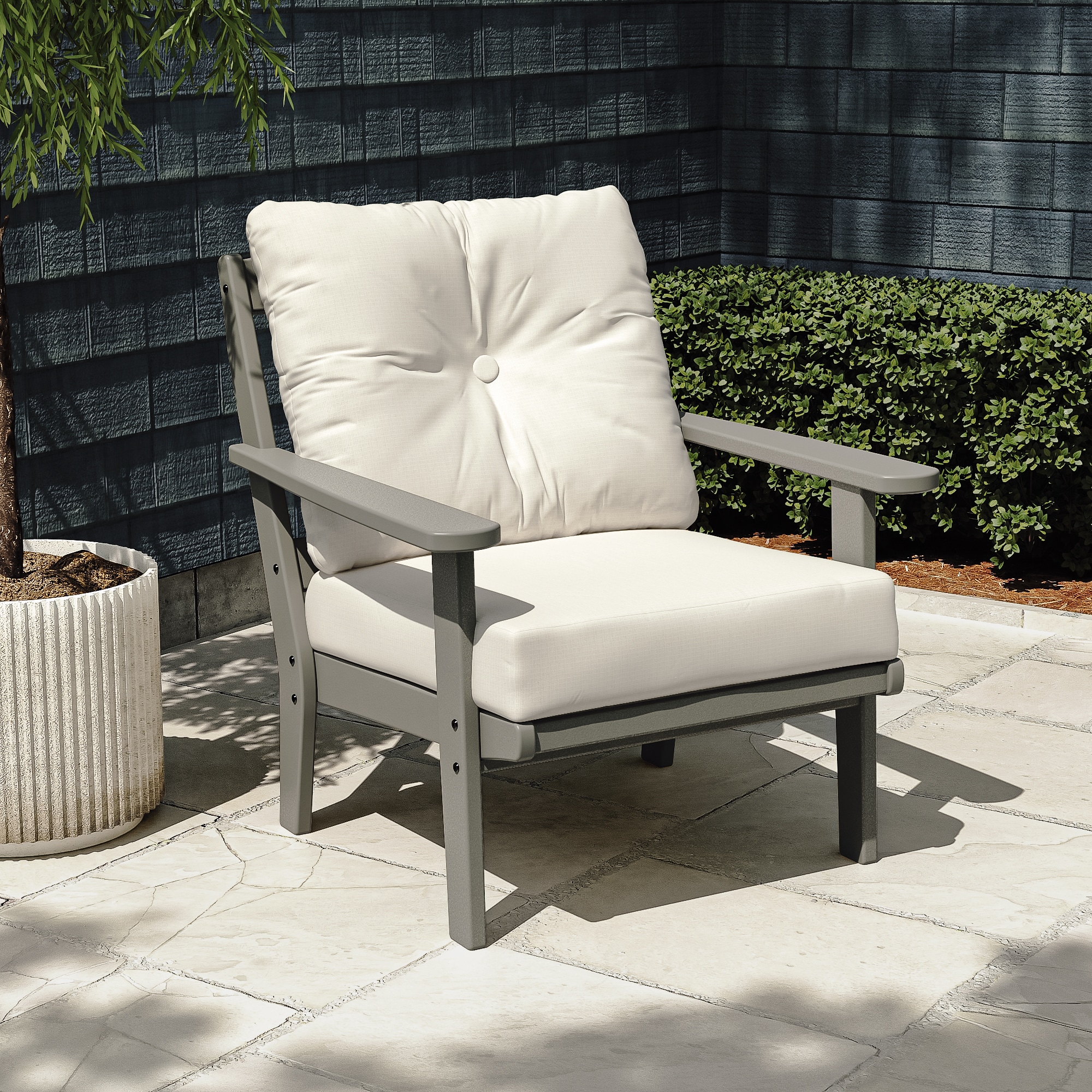Trex Outdoor Furniture TX4431-SS152939 Cape Cod Stepping Stone HDPE Frame Stationary Conversation Chair with Off-white Cushioned Seat