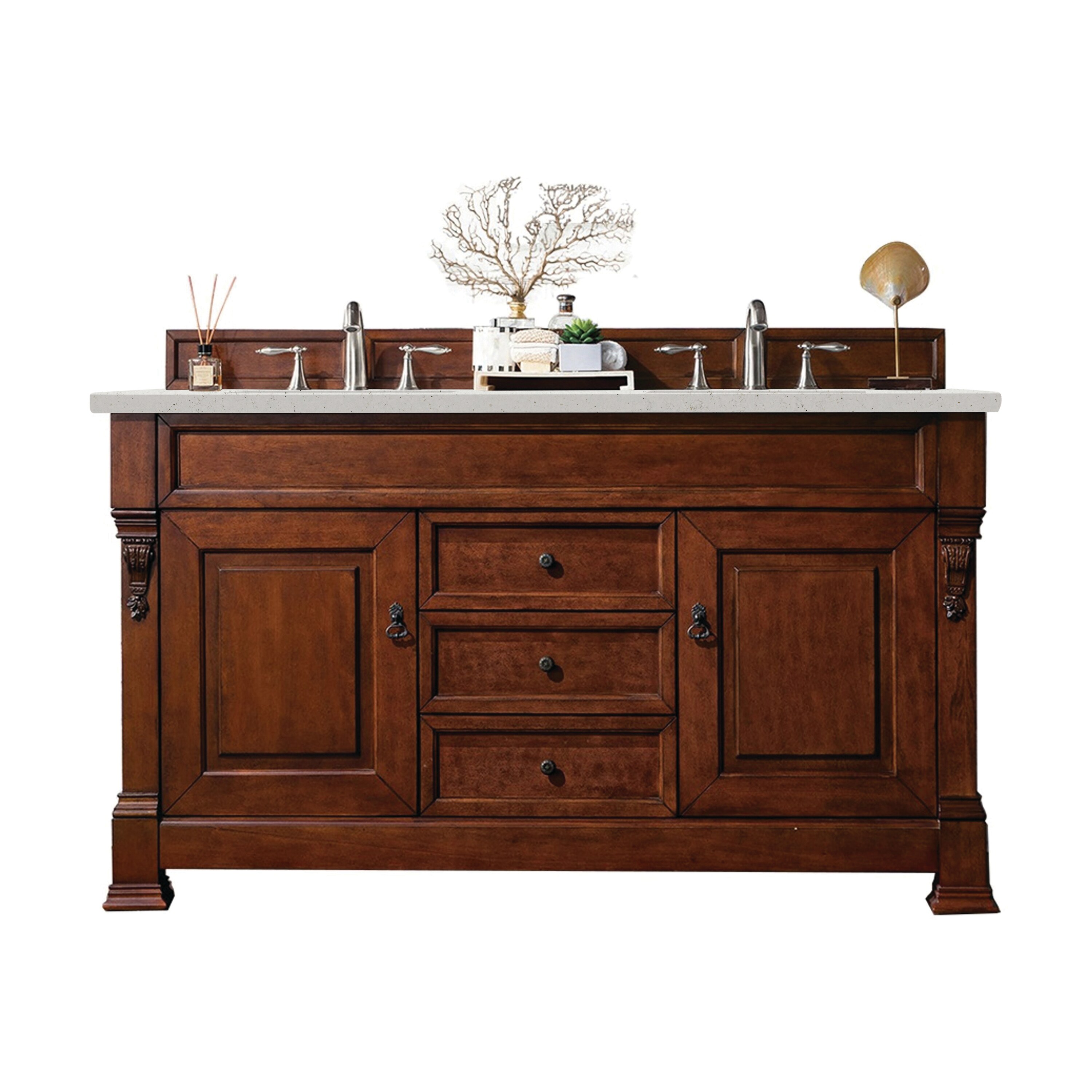 James Martin Vanities 147-114-5681-3LDL Brookfield 60-in Warm Cherry Undermount Double Sink Bathroom Vanity with Lime Delight Quartz Top