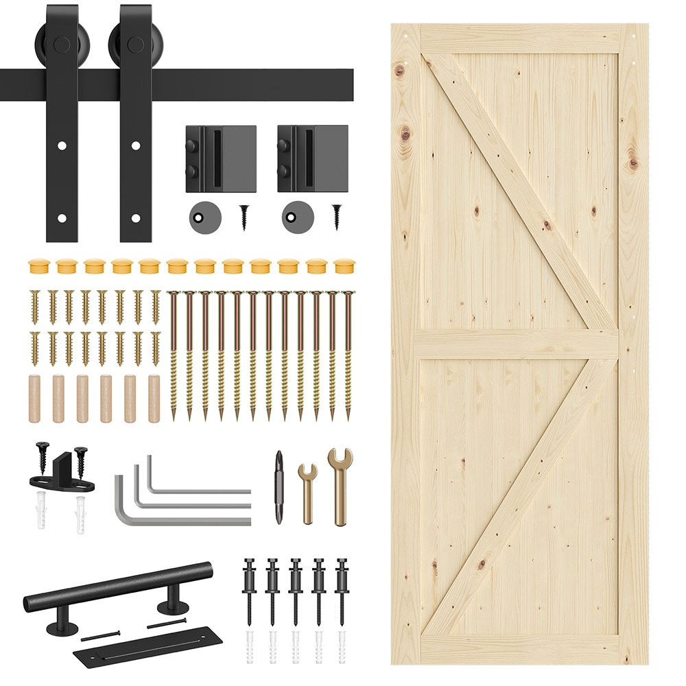 LOVMOR BD-89B4005851-34 34 in. x 84 in. Sliding Barn Doors with 68 in. Hardware Kit Wood Unfinished Solid Pine Barn Doors with Track Kit