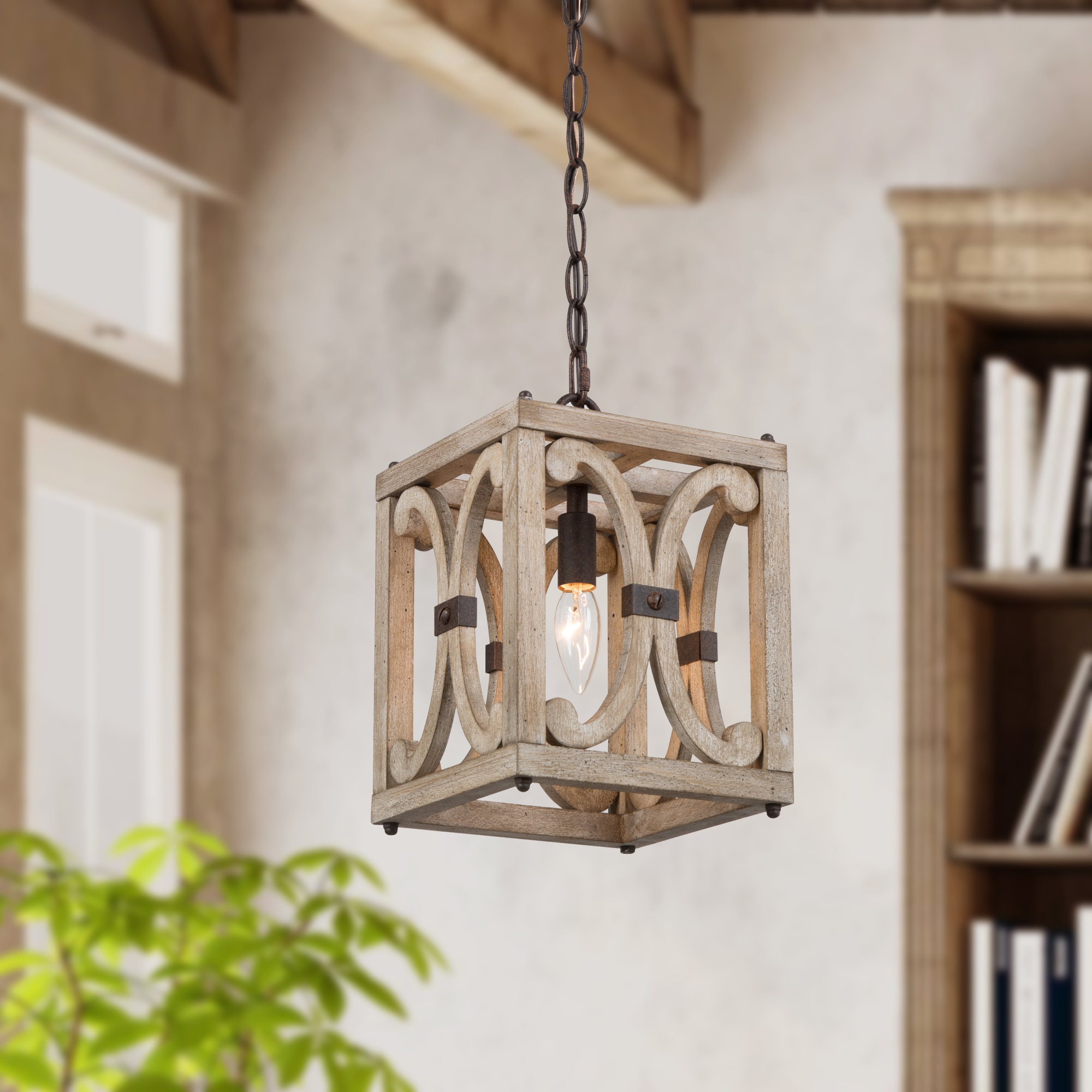 LNC IYRIIALWS4007O7 Quaint 1 -Light Distressed Bronze Farmhouse Cage Wood For Use in Bedrooms, Dining Rooms, Foyers, Kitchens, Living Rooms Chandelier