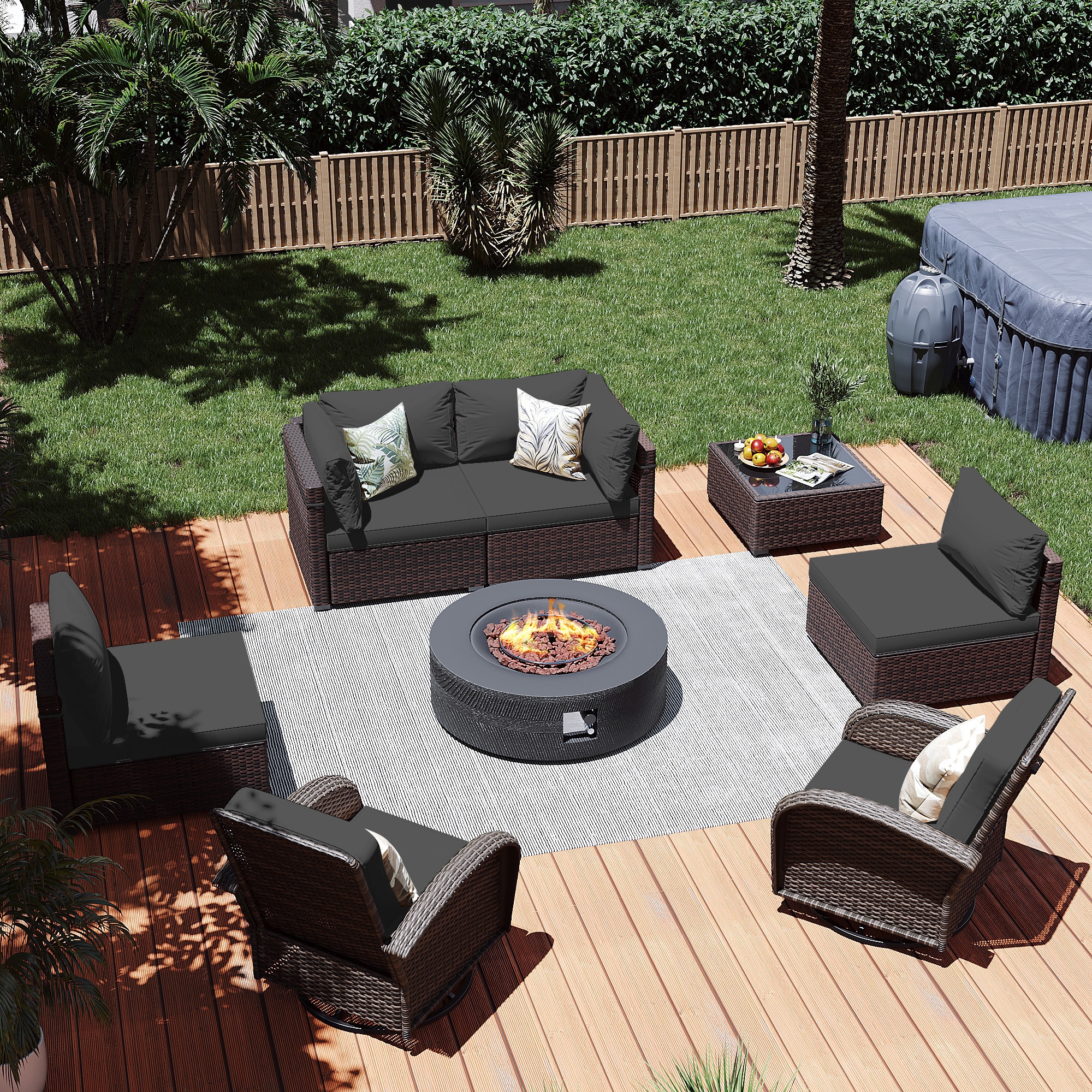 Patio Watcher LS-RT5Y11-42XWDK-B3 8 -Piece Rattan Patio Conversation Set with Gray Cushions