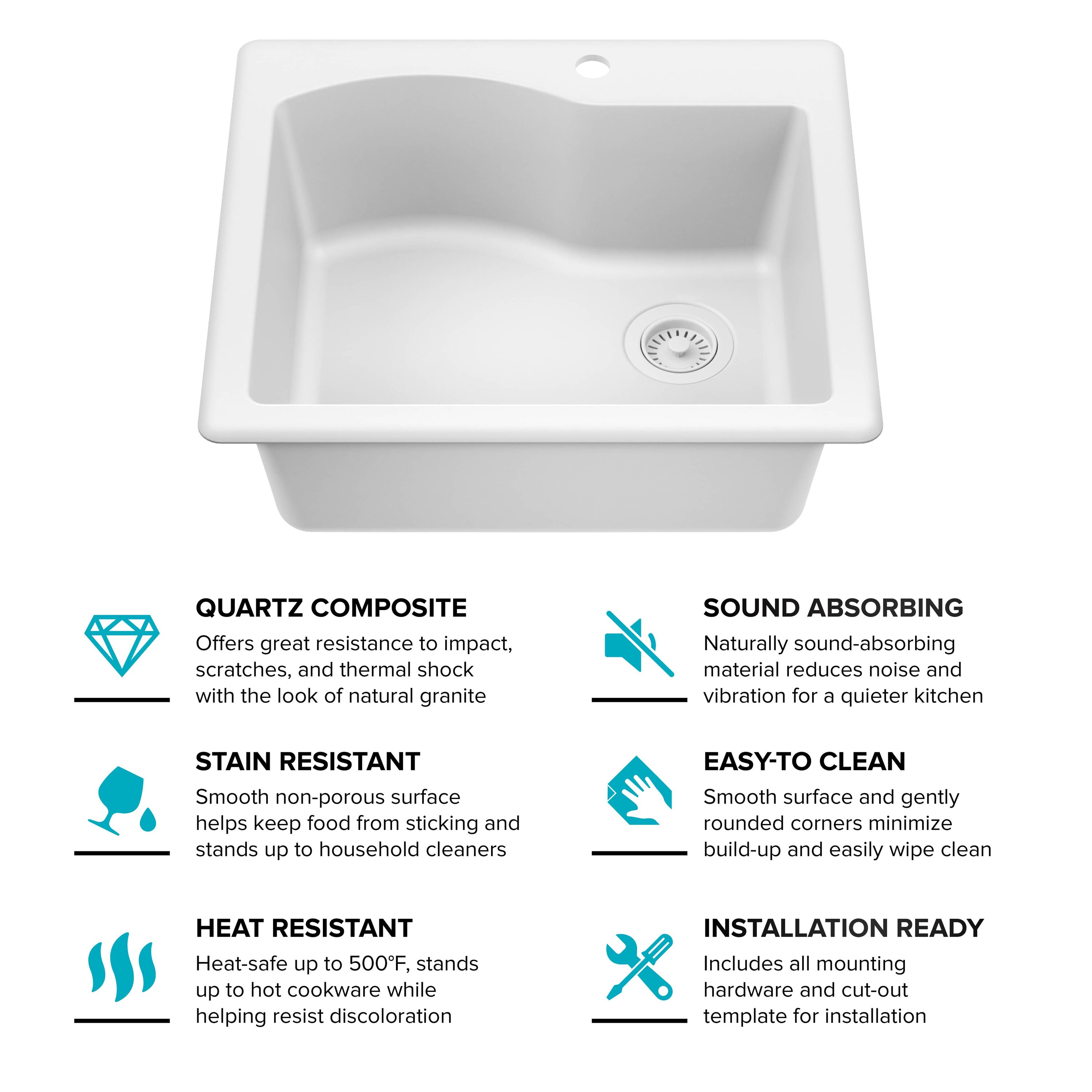 25" White Granite Single Bowl Drop-In Kitchen Sink