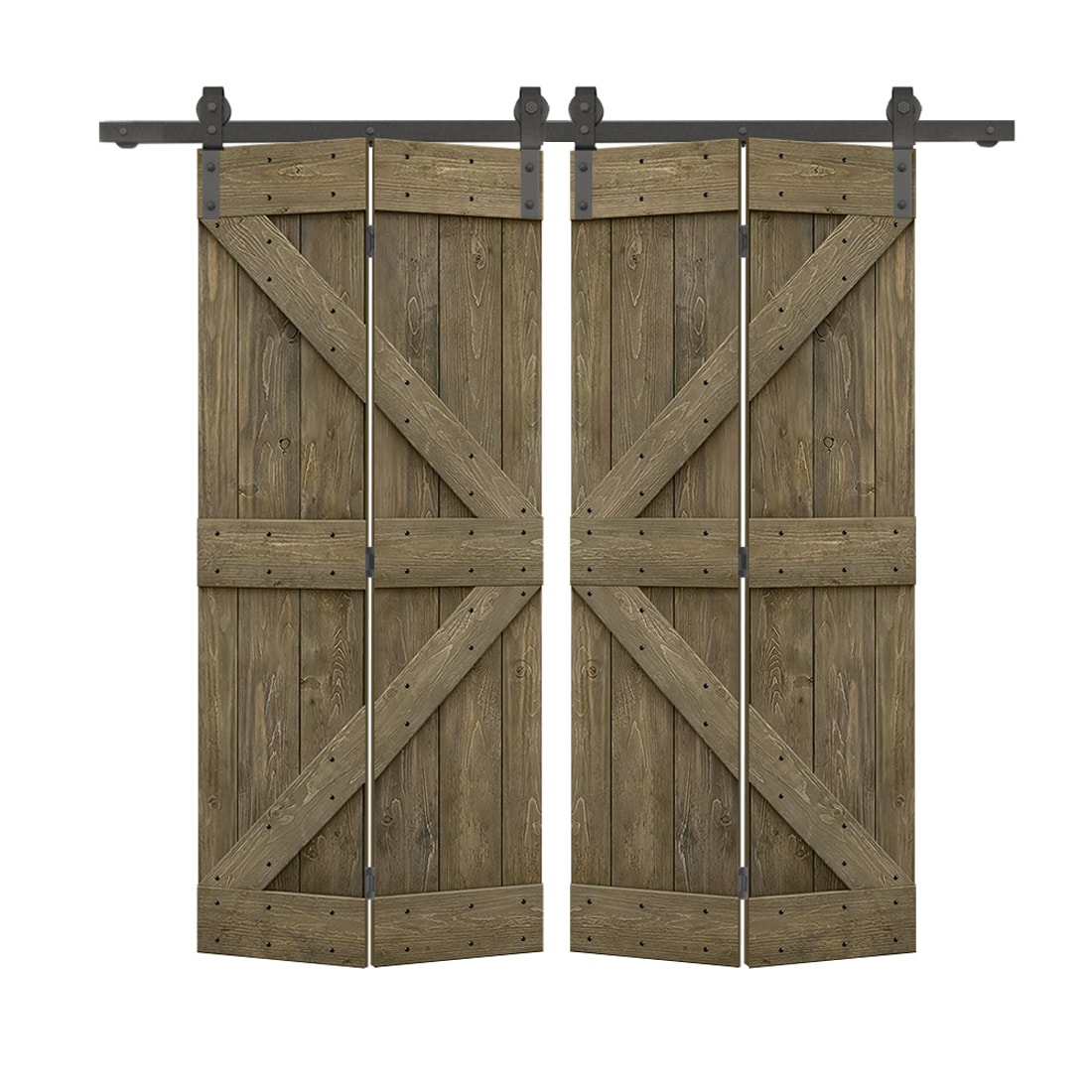 CALHOME BF1905S+K36BR2 72-in x 84-in Aged Barrel K-frame Pine Wood Solid core Double bifold Barn Door (Hardware Included)